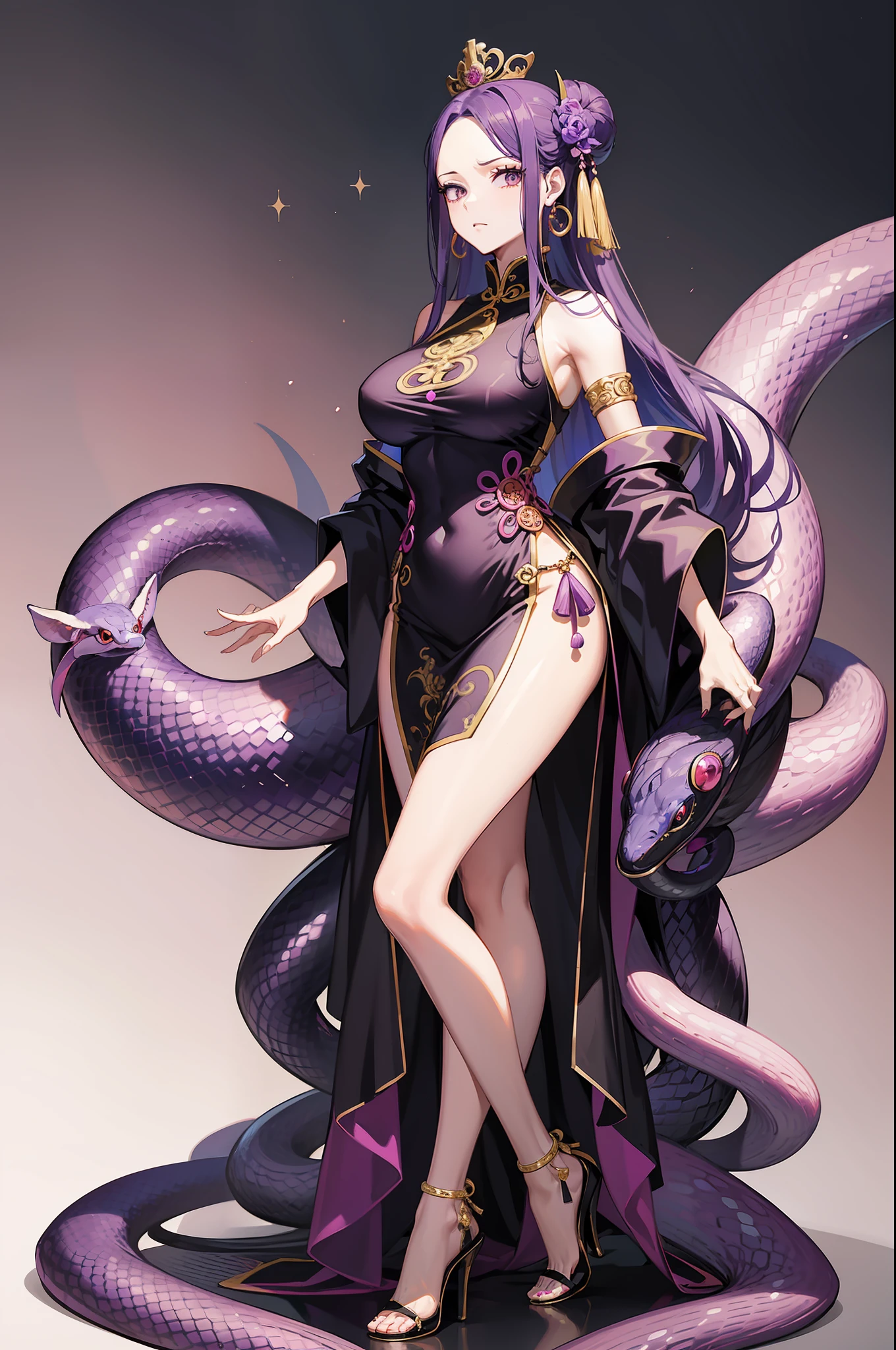one piece boa hancock, purple and black color silk chinese dress outfit, snake shape earring, perfect body shape, long legs, masterpieces, empress aura, make up, surrounded by snake python, black long hair, black bright pupil, pink love shape bubble effect, big breast, high heels, solo