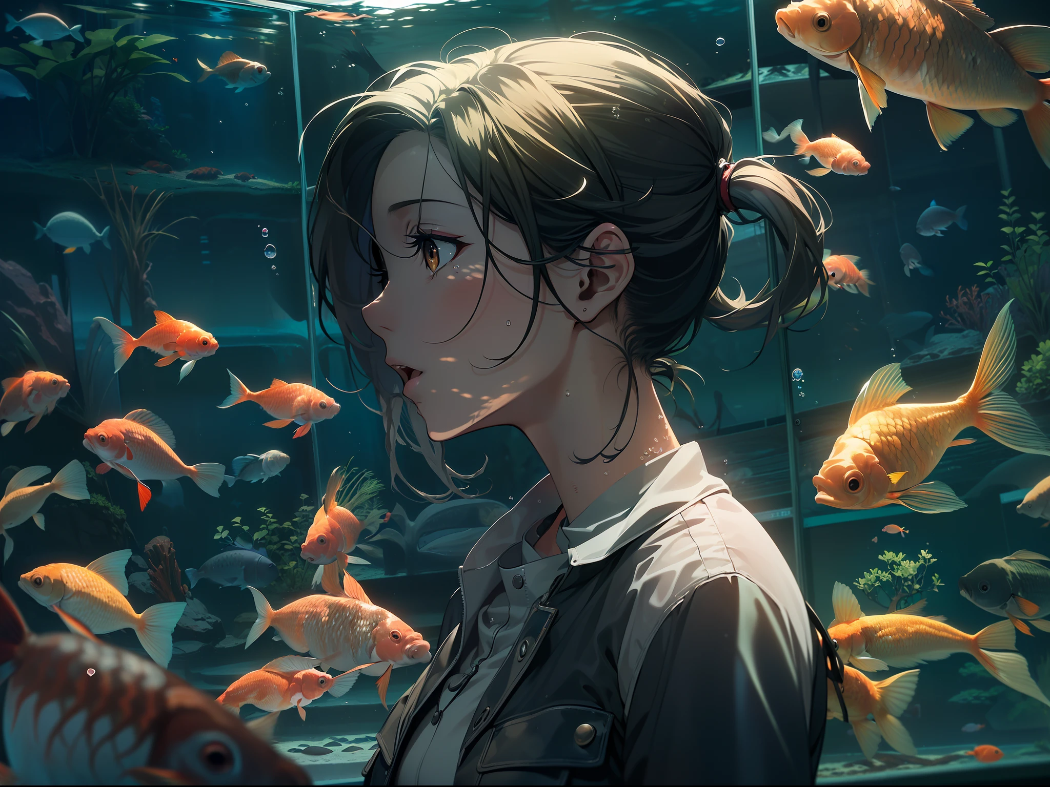 (masutepiece:1.3), ccurate, (Super Detail, high details, top-quality), Best Quality,( hight resolution, 8K),(Carp swimming in the aquarium:1.4), (One woman looking at the aquarium:1.2),profile ,heart-broken,Night, Dim lighting