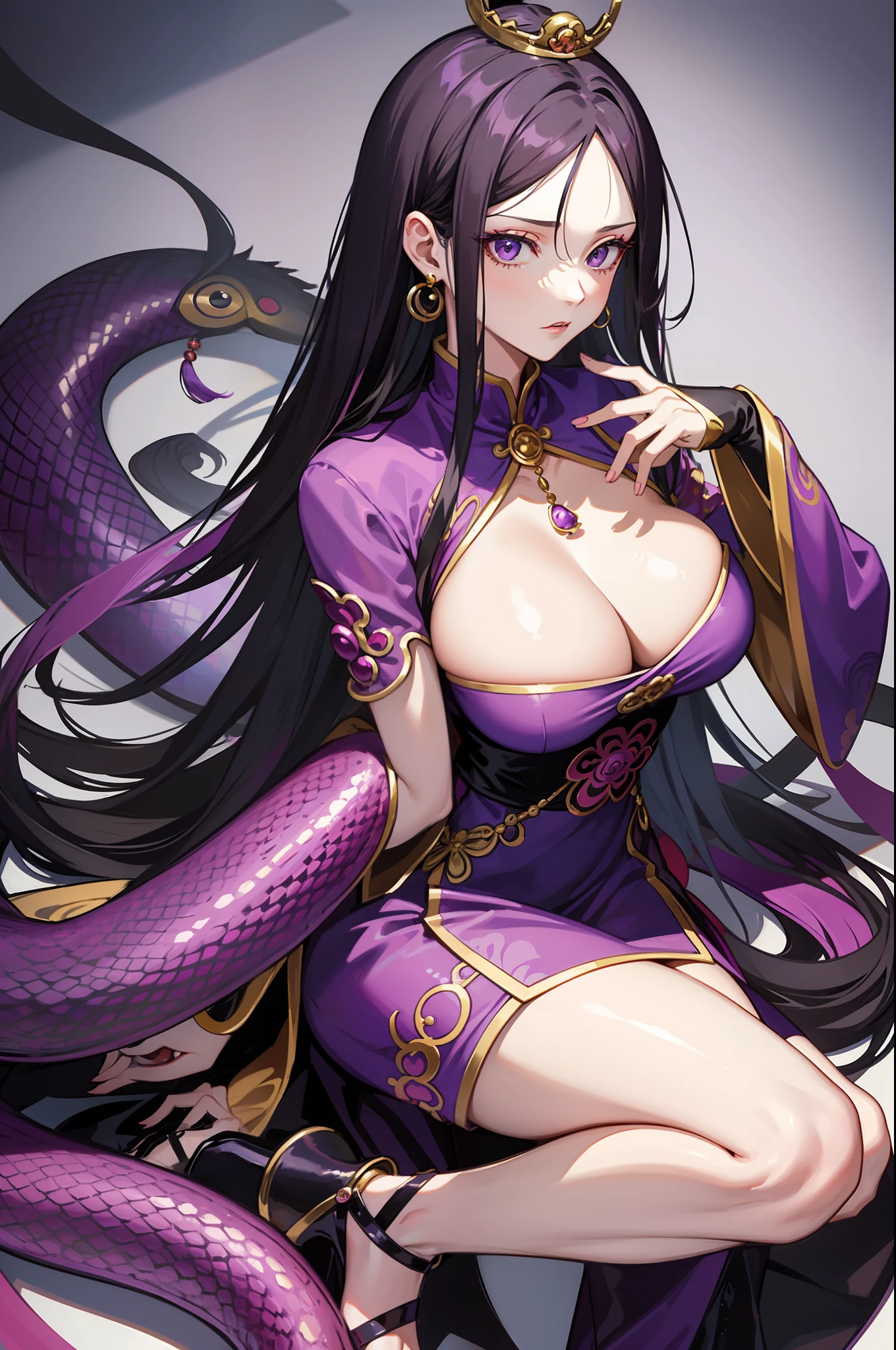 one piece boa hancock, purple and black color silk chinese dress outfit, snake shape earring, perfect body shape, long legs, masterpieces, empress aura, make up, surrounded by snake python, black long hair, black bright pupil, pink love shape bubble effect, big breast, high heels, solo