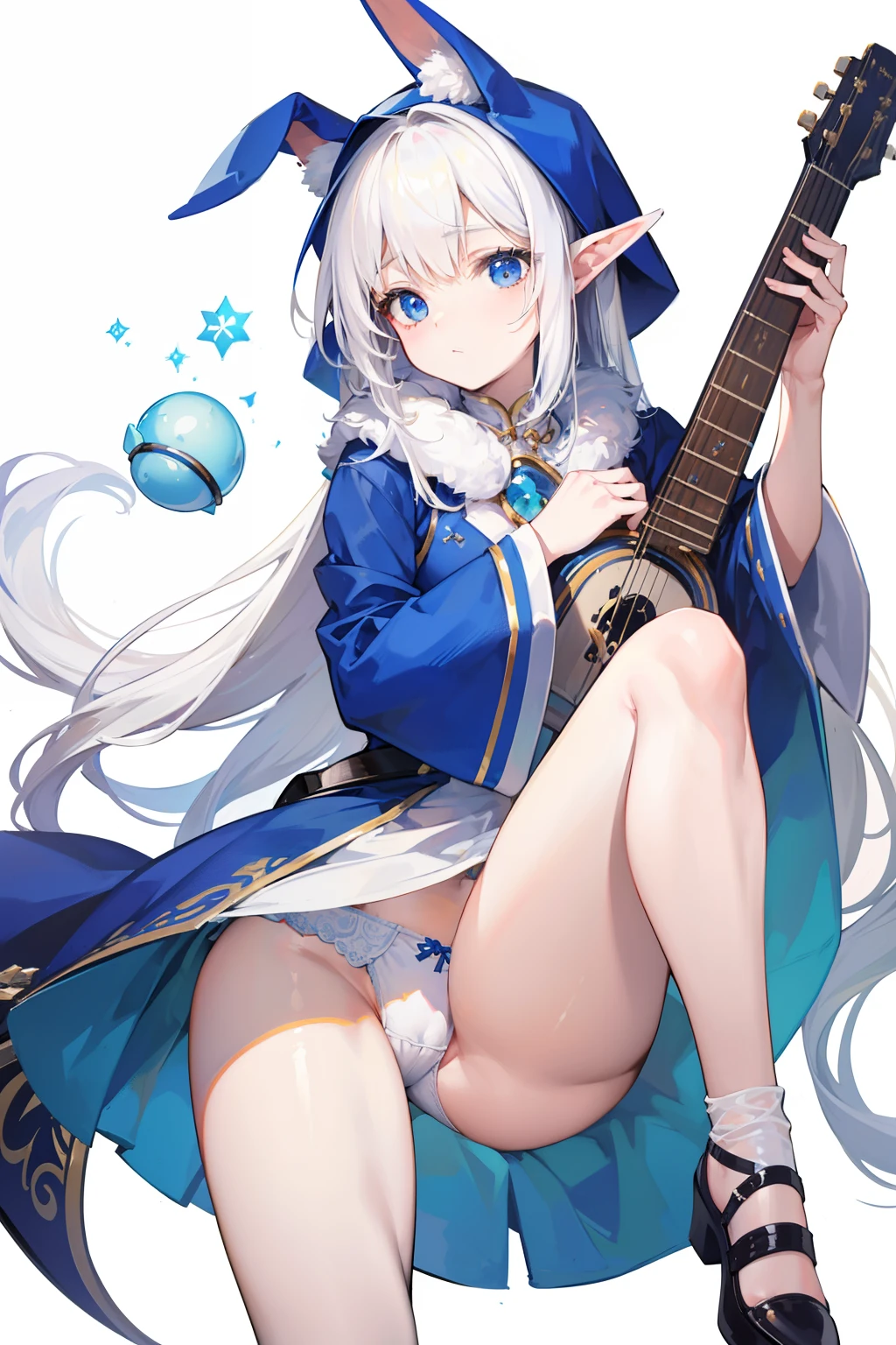 Creamy white hair,Fuzzy clothes,Hairy lute,Blue and white color scheme,Cute as the Jade Rabbit Elf,Precision and flexibility,white panties,Beautiful appearance,It's a sweet girl