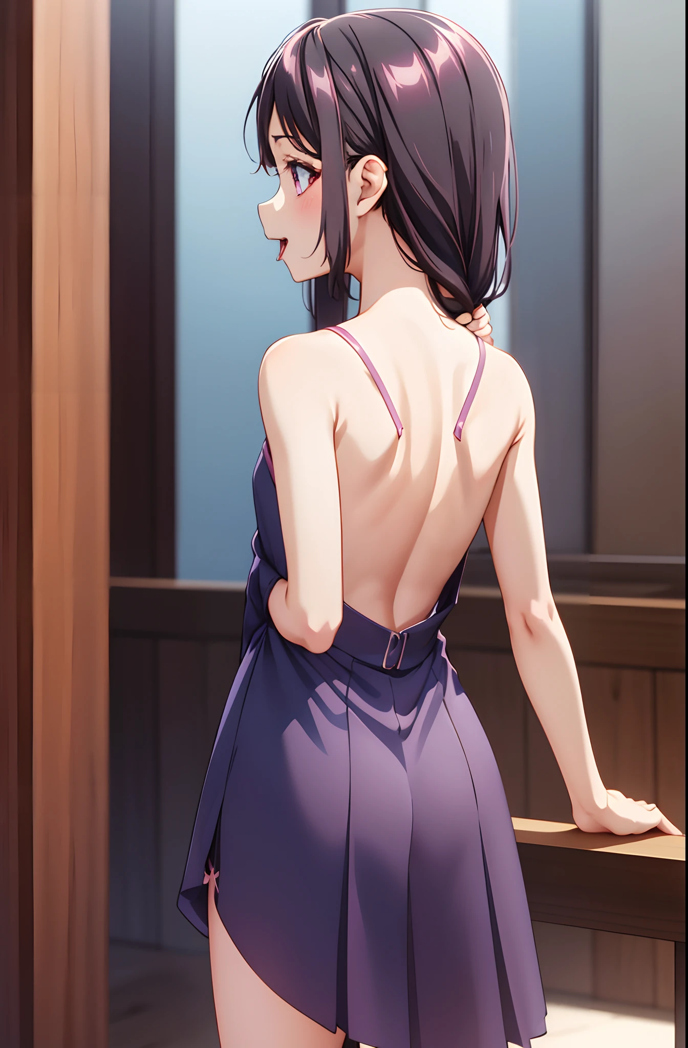 KaoriHojo, GIRL, small chest, short height,  girl, small, ((showing Back)), ((bare shoulder)), (presenting armpit), open mounth, tongue out, naughty face, ((from Behind))