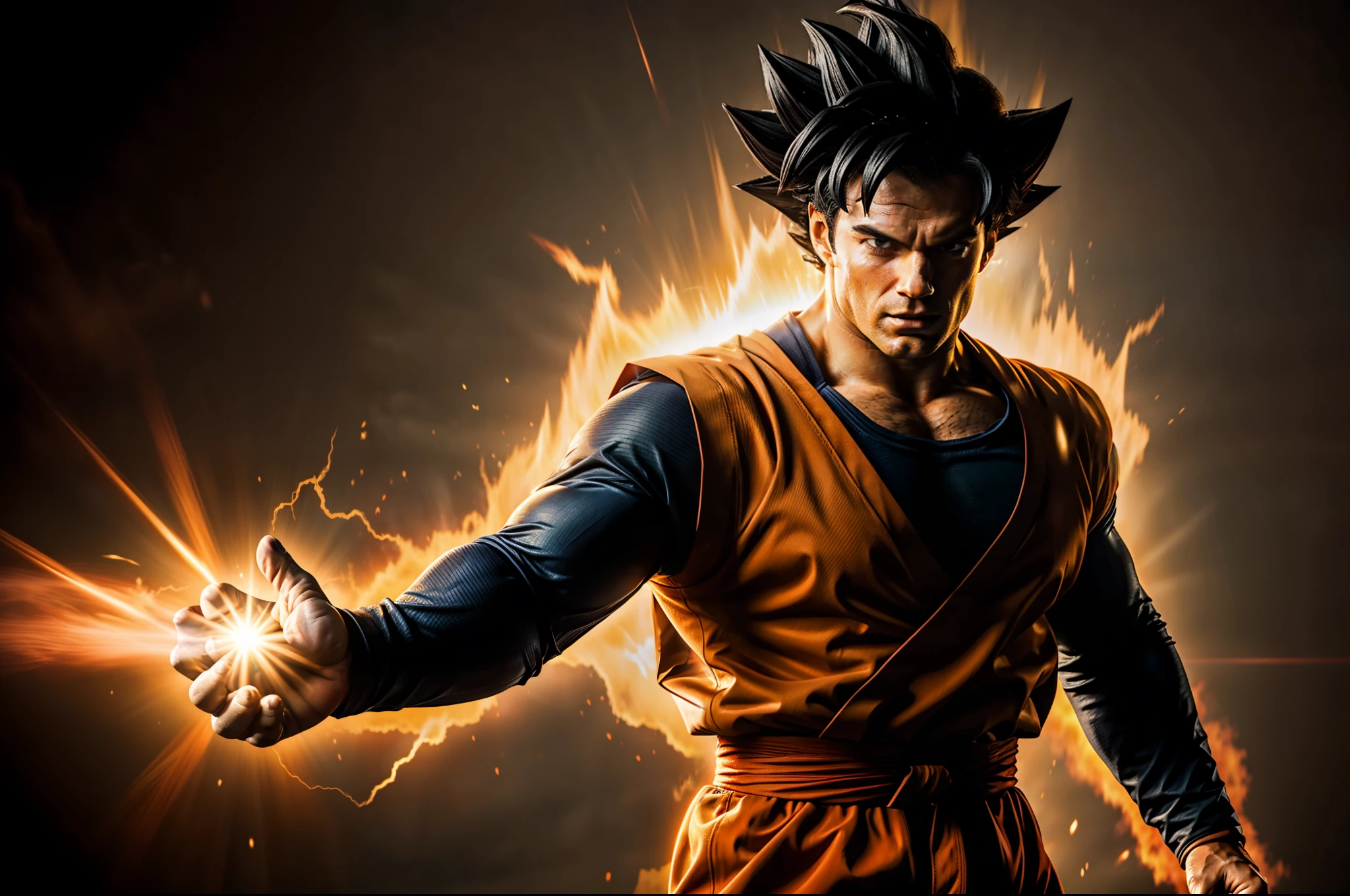 Henry Cavill dressed as goku, realistic face, dynamic pose, action scene