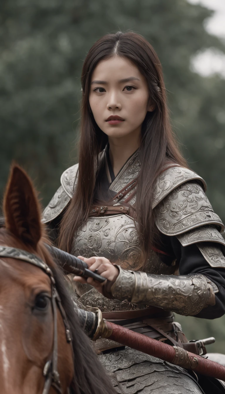 Girl with long hair riding a horse, wearing armor, holding an ancient Chinese sword, looking at the camera, Daido Moriyama style, cinematic lighting, amazing footage, 8K, medium: Marie Claire by Maia Flore