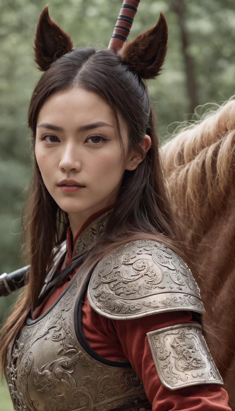 Girl with long hair riding a horse, wearing armor, holding an ancient Chinese sword, looking at the camera, Daido Moriyama style, cinematic lighting, amazing footage, 8K, medium: Marie Claire by Maia Flore