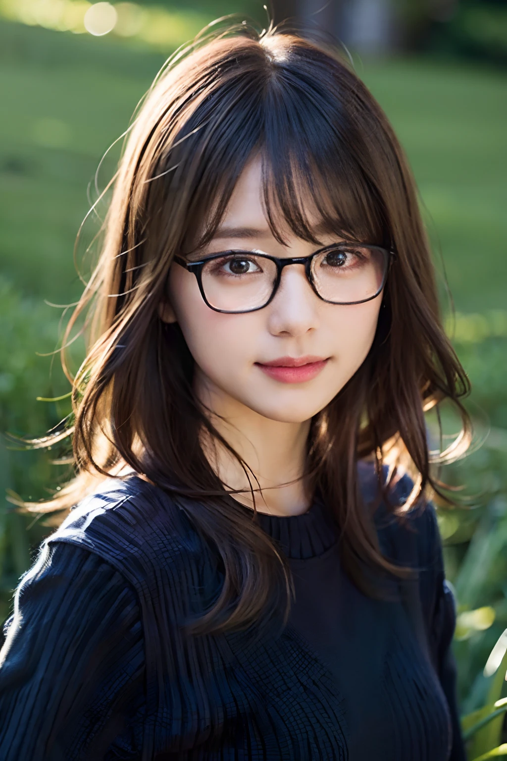 masterpiece、Realistic、Full body portrait、Beautiful Face、Your smile is cute、Sharp focus、young woman、cute、cute、18-year-old、8K Post-Production、High resolution、Very detailedな、Intricate details、Very detailed、Pure Form、8k resolution、The head is round and beautiful、Small Nose、Big and ample breasts、(((Cherry blossom lined path)))、(((Scattered cherry blossom petals)))、Wear glasses、thin frame glasses