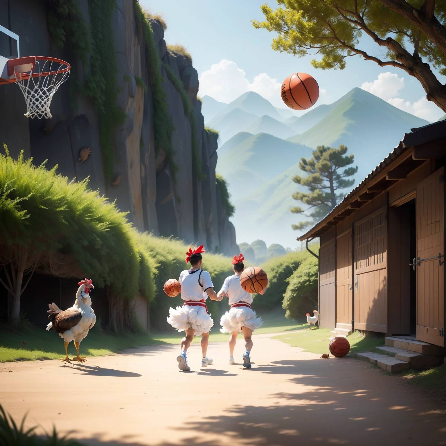 Chickens playing basketball all the time,A chicken is a human chicken head。The human body is composed of characters in Genshin。The background is a landscape in the continent of Teyvat。