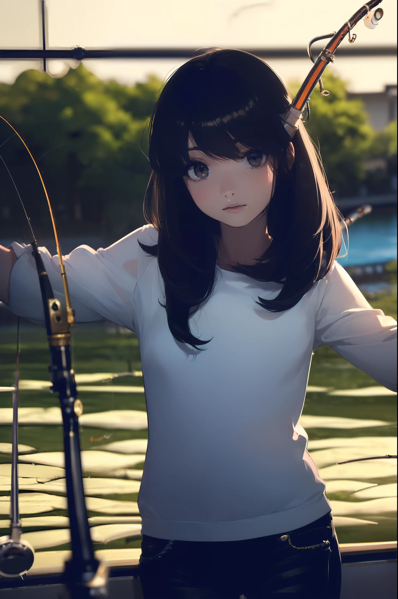 ((((having a fishing rod with a reel by the lakeside:1.5)))),((Female 28 years old)),((Best Quality:1.5)),(((Hands with the correct number and structure of fingers:1.4))),((Big fish:1.37)),hight resolution,ultra-detailliert,masterpiece,best qualtiy,(Eight-headed body),Black hair, long eyes-lashes, Solid Circle Eyes, drop shadow, Atmospheric perspective,Super Detail, ccurate, small brest,(Black jacket and black jeans :1.1),top-quality, blurry backround, bokeh dof:1.2, (masterpiece:1.3), Atmospheric perspective,Super Detail,dynamic compositions,
