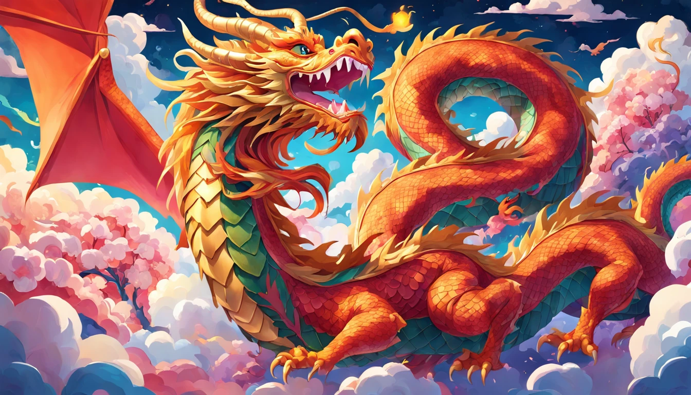 cute gold china dragon in sky, cloud, sun, wind, lunar new year, spring flower, red lantern, colorfull background, highest quality, Full HD, happy dragon, 2023, 3d, (paper art, Quilted Paper Art, Geometry), highly colorful, Anime beauty, Extremely colorful, Colorful illustrations, aquarelle((masterpiece))), illustration