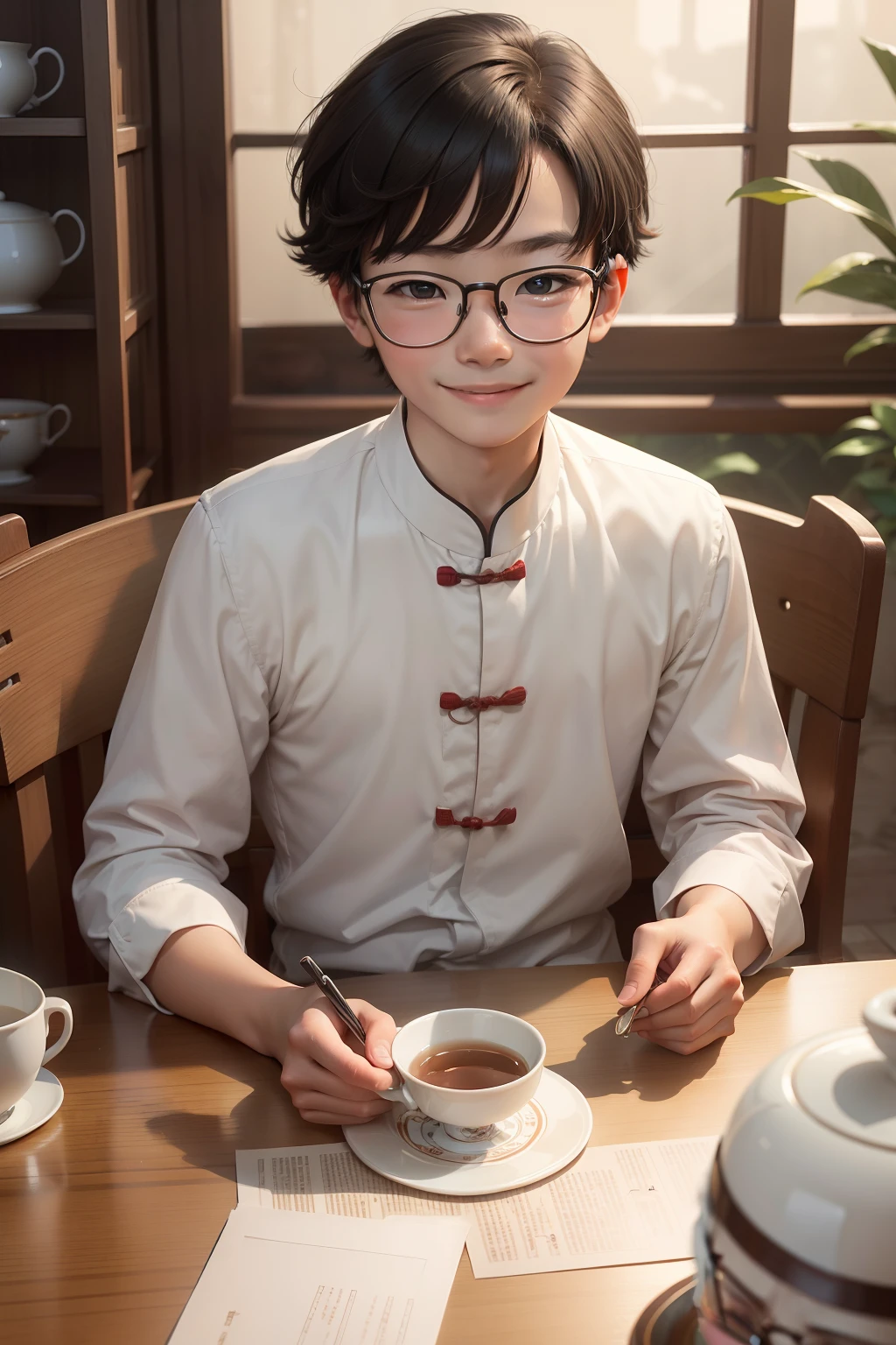 YOUNG BOY IN WHITE CHINESE STYLE SHIRT, sitting at a table with a cup of TEA, WEARING GLASSES, BIG EYES, SMILING, THERE IS TEA CUPS ON THE TABLE