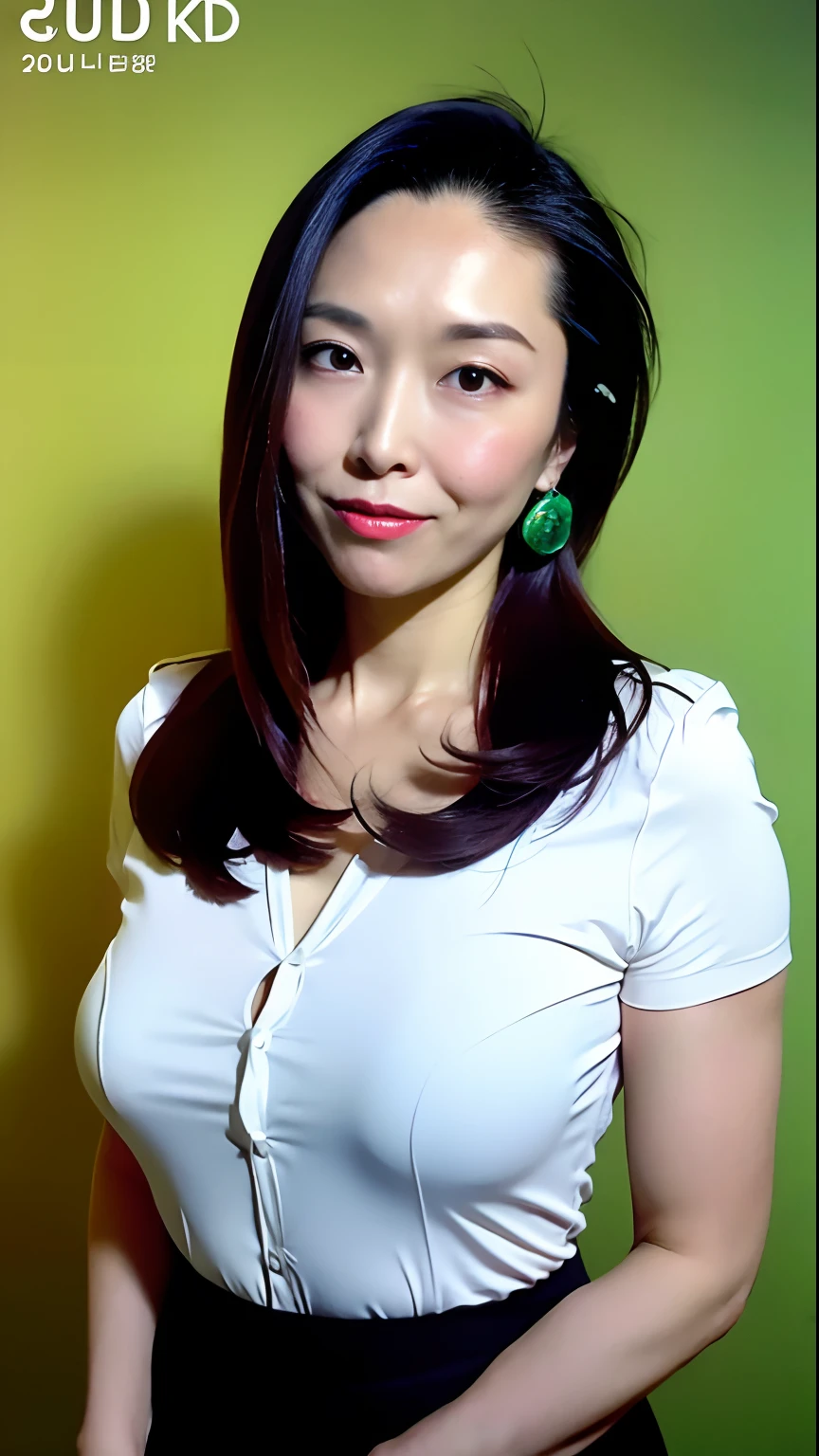 (Best Quality, 8k, 32k, Masterpiece, UHD:1.2), pretty Korean woman picture, very big breasts, very short bobbed hair, very realistic skin texture, fine facial noise, very detailed lips, cowboy shot, face focus, yellow-green skirt, earrings, dark studio background, uniform lighting, looking at the viewer, soft and smooth body, slender body, wide hips, thick thighs, contraposto, esza pose,