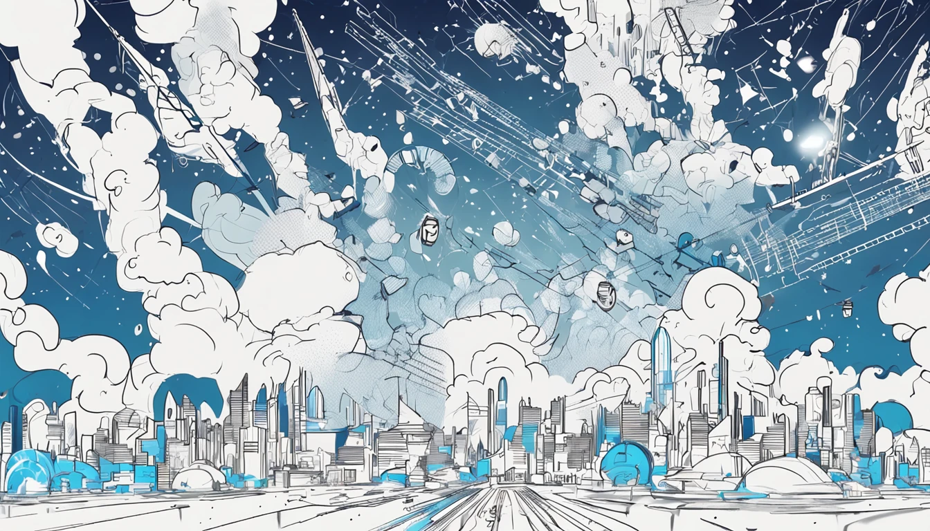 Make a background for a concert,Blue and white color scheme,Blue on white,Starry sky elements,Cosmic elements,cyber punk perssonage,Mossel style,Japanese illustration,Mayday,starrysky,Simple