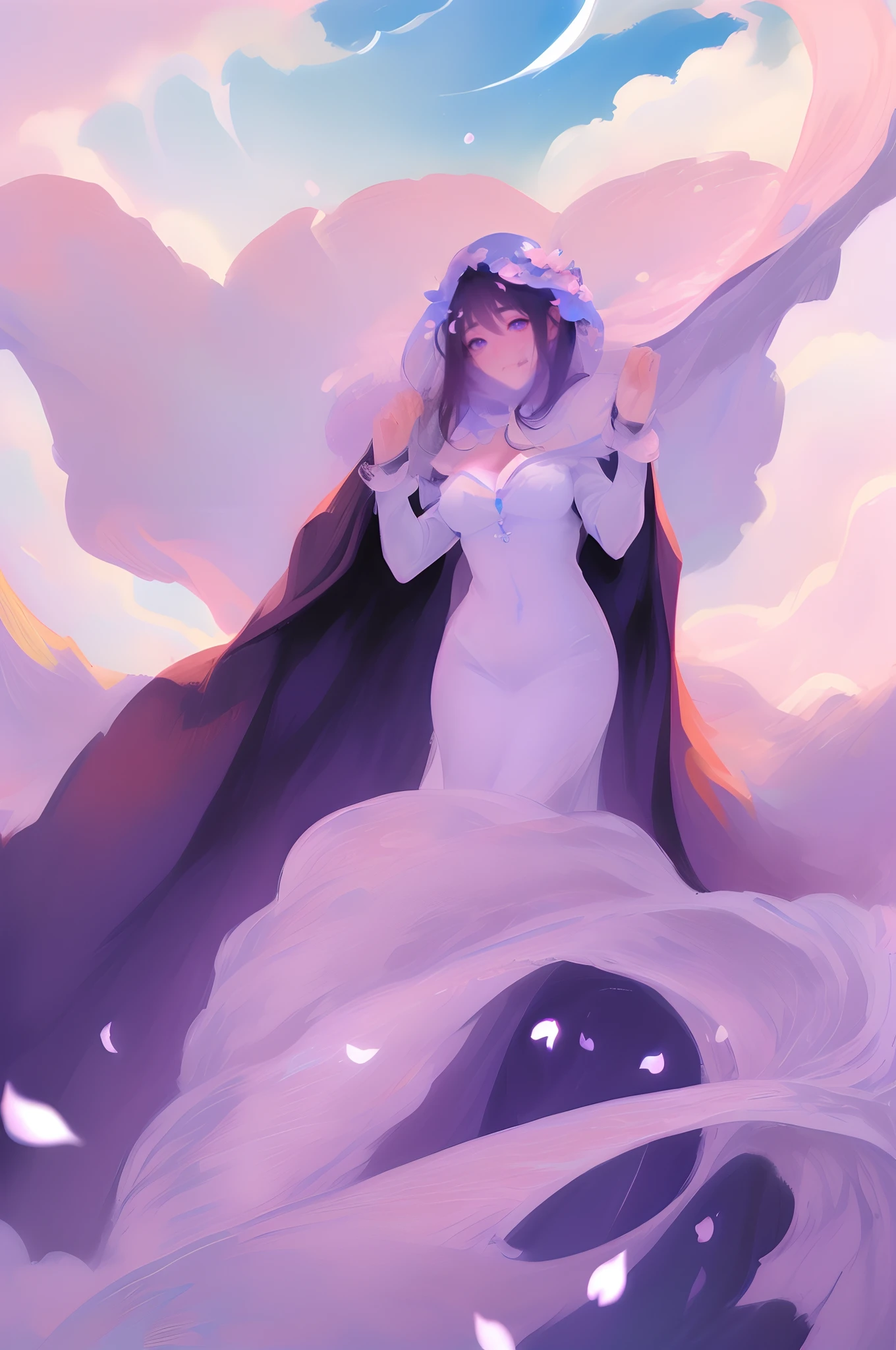 ((tmasterpiece、Need、Ultra-delicate、A high resolution)), 独奏, a beauty girl, sparkle eyes, perfect eyes, 15year old, ,(many color, Colorful:1.1), (petals,Clouds, feater:1.3),(gigantic cleavage breasts :1.2),(perfect bodies:1.4).