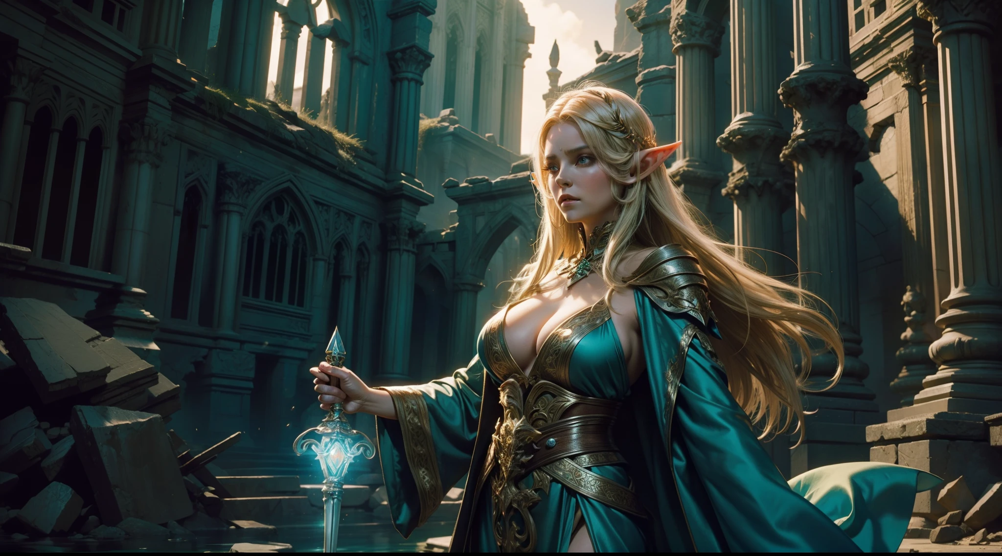Female elf,Large breasts,Silk robes,Glowing scepter,dramatics,dynamicposes,The background is a ruin,(Mid-range portrait:1.3)