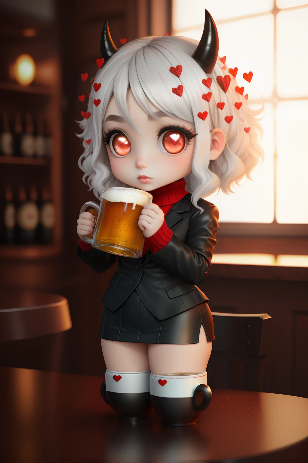 Masterpiece, (1 girl) ((chibi style)), render 3d, Best Quality, Modeus (helltaker), (demon tail), ((red ribbed sweater,high neck)), black skirt, black jacket, (red eyes), ((((white hair)))),((medium short hair)), trumpets, hearts, (heart-shaped pupils), black horns,  pantyhose, black mid-calf stockings. celebrating and with a ((big mug of [beer])) in his hands