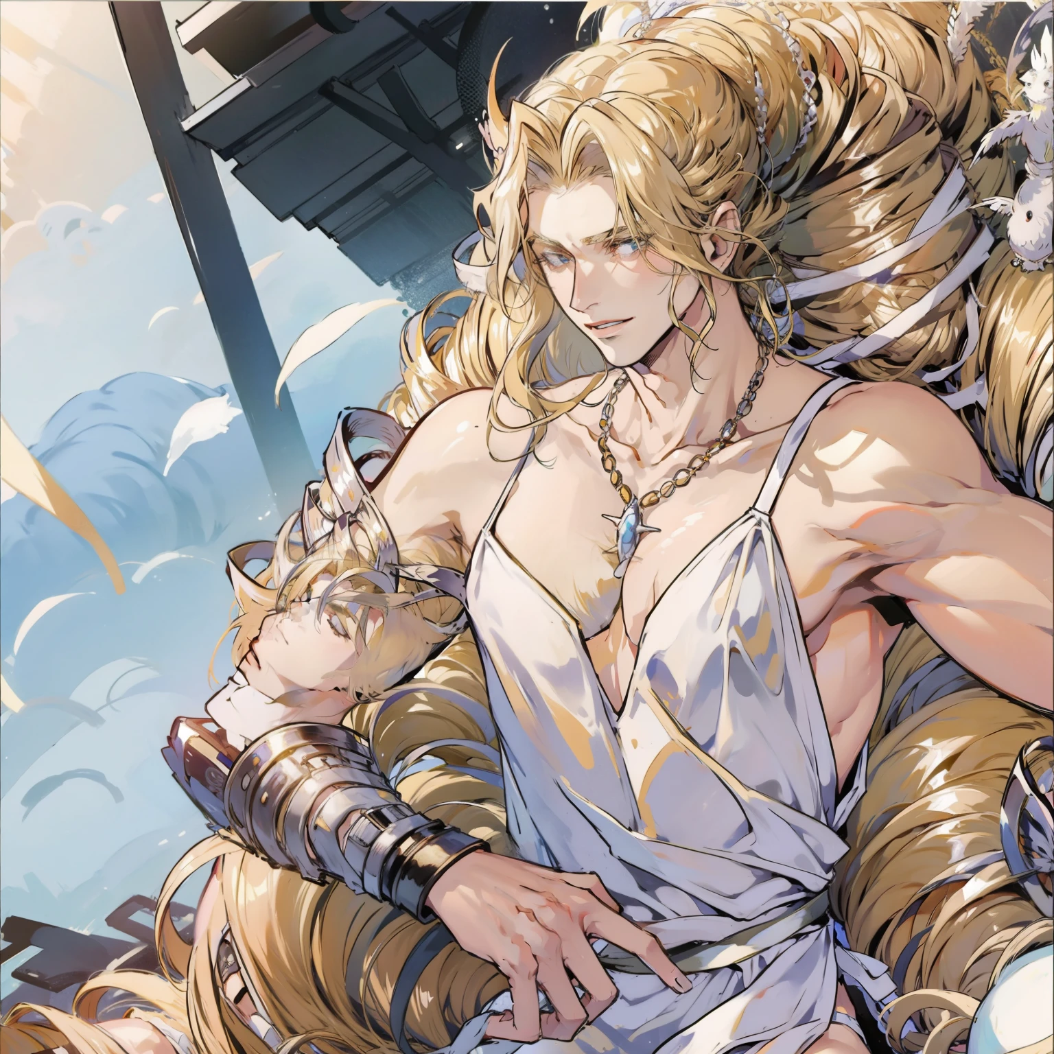 1boy, mature and beautiful male, masterpiece, dominant, god,verylong_hair,blonde_hair, Venusmon as a male