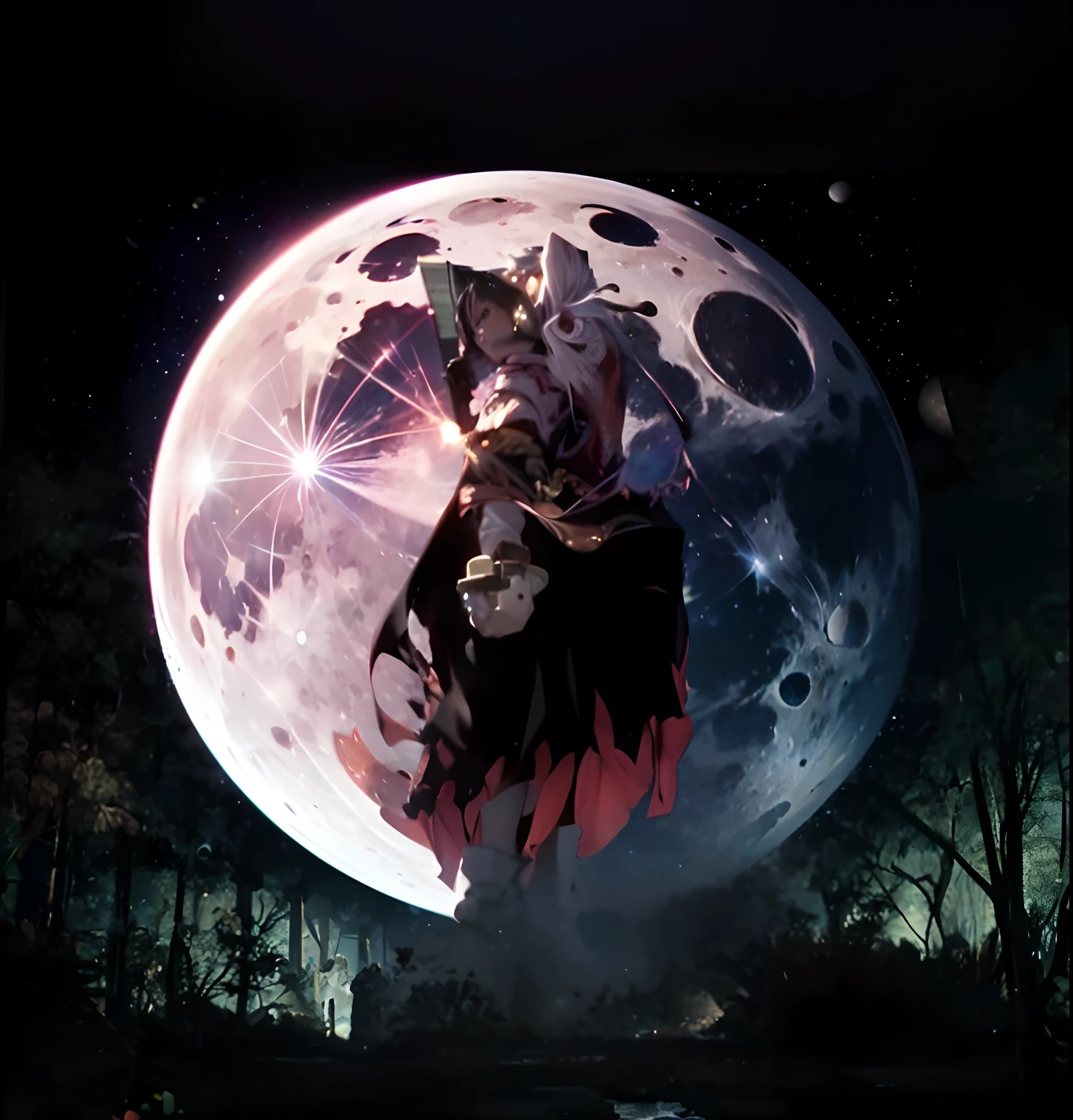 Highest quality, realistic, highest resolution, (Moon)), (Rabbit girl wielding a rice cake pestle walking on the desolate moon surface)), (((A large blue earth floats in the sky)), Night sky, Galactic stars, (((Milky Way)), Soft light