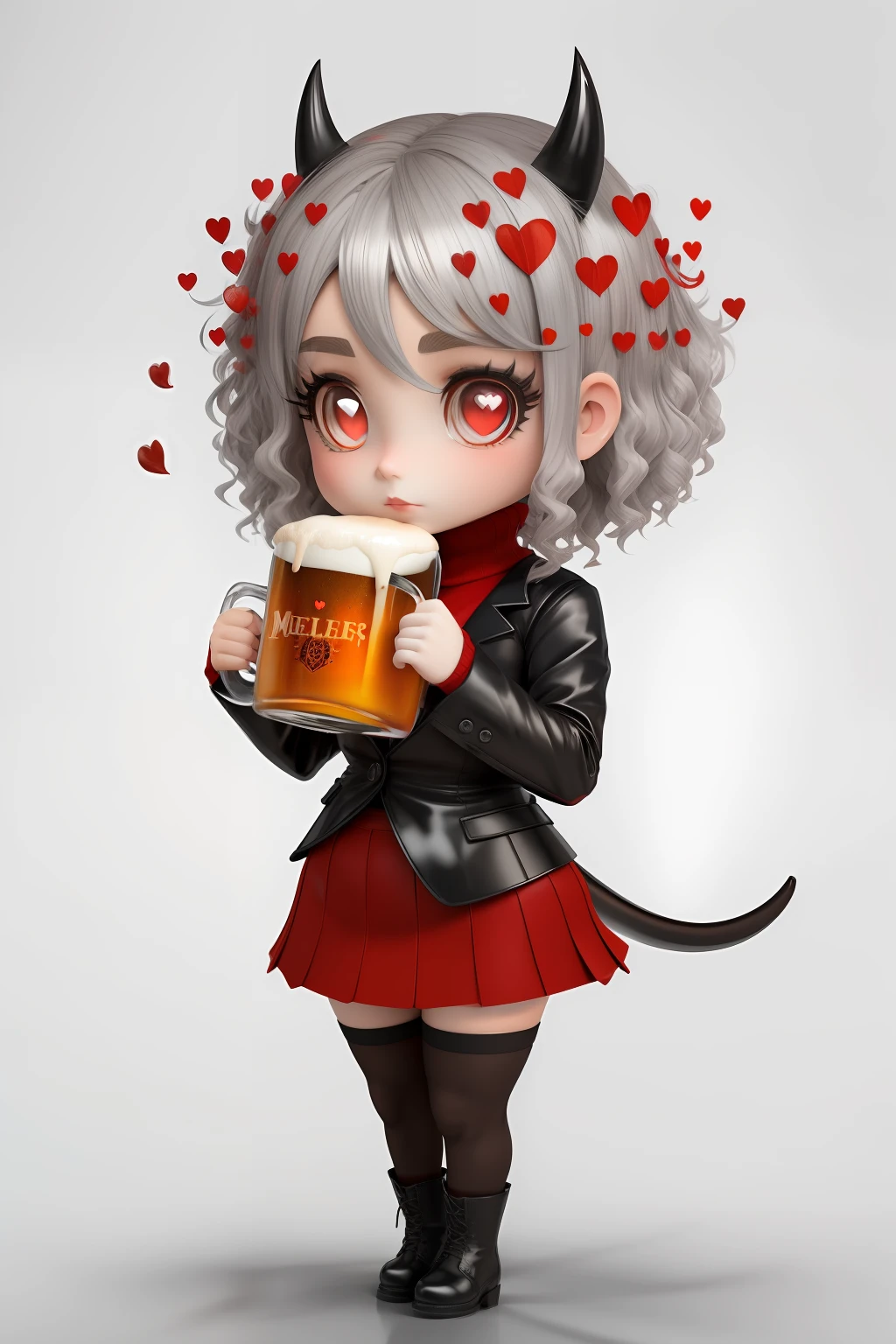 Masterpiece, (1 girl) ((chibi style)), render 3d, Best Quality, Modeus (helltaker), (demon tail), ((red ribbed sweater,high neck)), black skirt, black jacket, (red eyes), ((((white hair)))),((medium short hair)), trumpets, hearts, (heart-shaped pupils), black horns,  pantyhose, black mid-calf stockings. celebrating and with a ((big mug of [beer])) in his hands