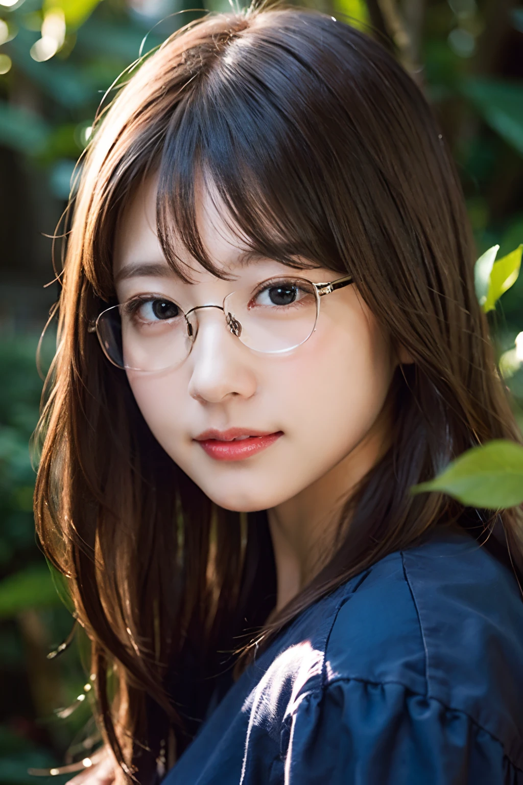 (8K、Raw photography、top-quality、​masterpiece:1.2)、(realisitic、Photorealsitic:1.37)、ultra-detailliert、超A high resolution、女の子1人、see the beholder、beautifull detailed face、Smile like a girl、Constriction、(Slim waist) :1.3)、blue clothing、Beautiful detailed skin、Skin Texture、Floating hair、Professional Lighting、grass field、Square glasses with black rimming  、Whole human body、Brown hair