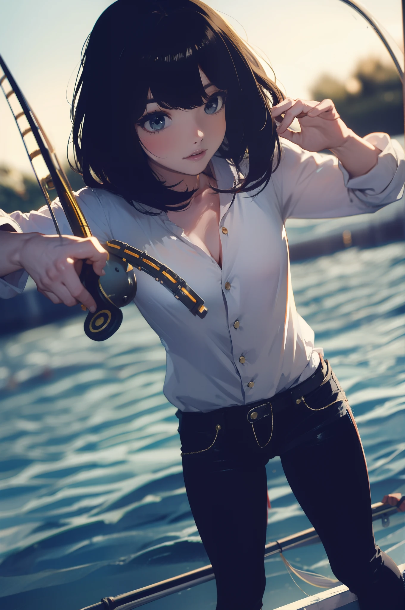 ((((Have fishing rod with a reel:1.5)))),((Female 28 years old)),((Best Quality:1.5)),(((Hands with the correct number and structure of fingers:1.4))),((lakeside:1.37)),hight resolution,ultra-detailliert,masterpiece,best qualtiy,(Eight-headed body),Black hair, long eyeslashes, Solid Circle Eyes, drop shadow, Atmospheric perspective,Super Detail, ccurate, small brest,(Black jacket and black jeans :1.1),top-quality, blurry backround, bokeh dof:1.2, (masterpiece:1.3), Atmospheric perspective,Super Detail,dynamic compositions,