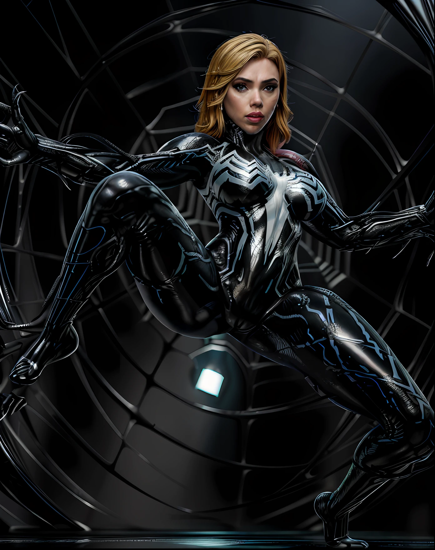 Obra-prima, 8k, realista,  good ilumination, (((Scarlett Johansson garota de 28 anos, terno preto do homem aranha venom com aranha branca no peito, loira))), cabelo comprido, sem corte, rosto bonito, chuva, telhado, obra-prima, detalhes trincados, anatomia perfeita, dinamic pose, pose de aranha