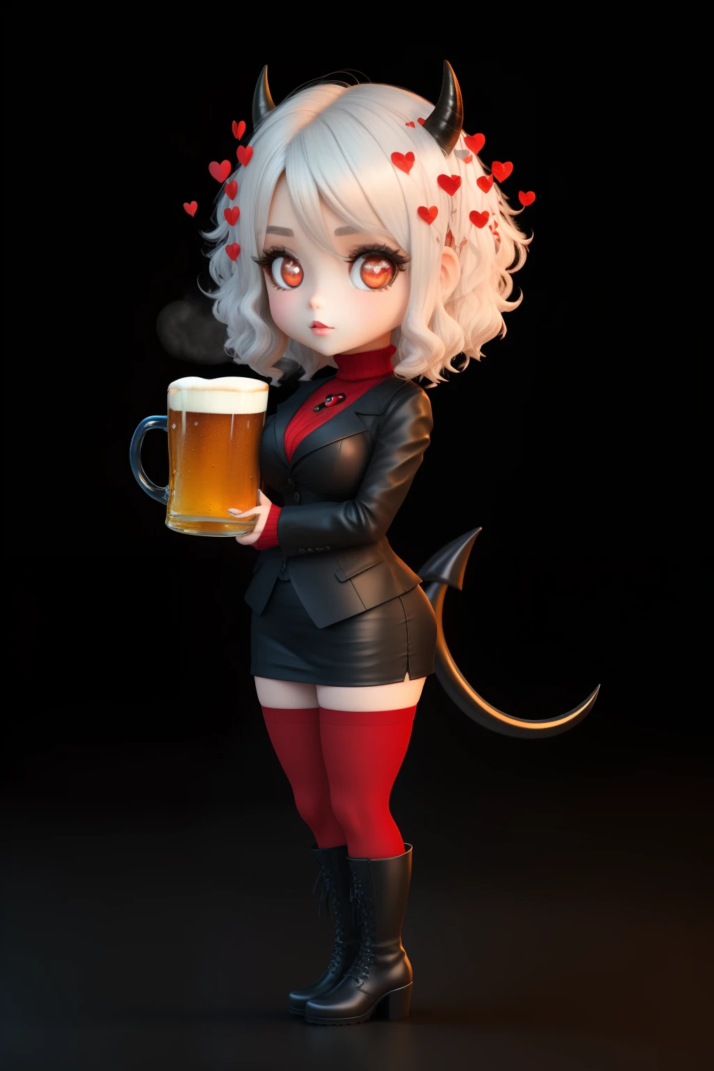 Masterpiece, (1 girl) ((chibi style)), render 3d, Best Quality, Modeus (helltaker), (demon tail), ((red ribbed sweater,high neck)), black skirt, black jacket, (red eyes), ((((white hair)))),((medium short hair)), trumpets, hearts, (heart-shaped pupils), black horns,  pantyhose, black mid-calf stockings. celebrating and with a ((big mug of [beer])) in his hands