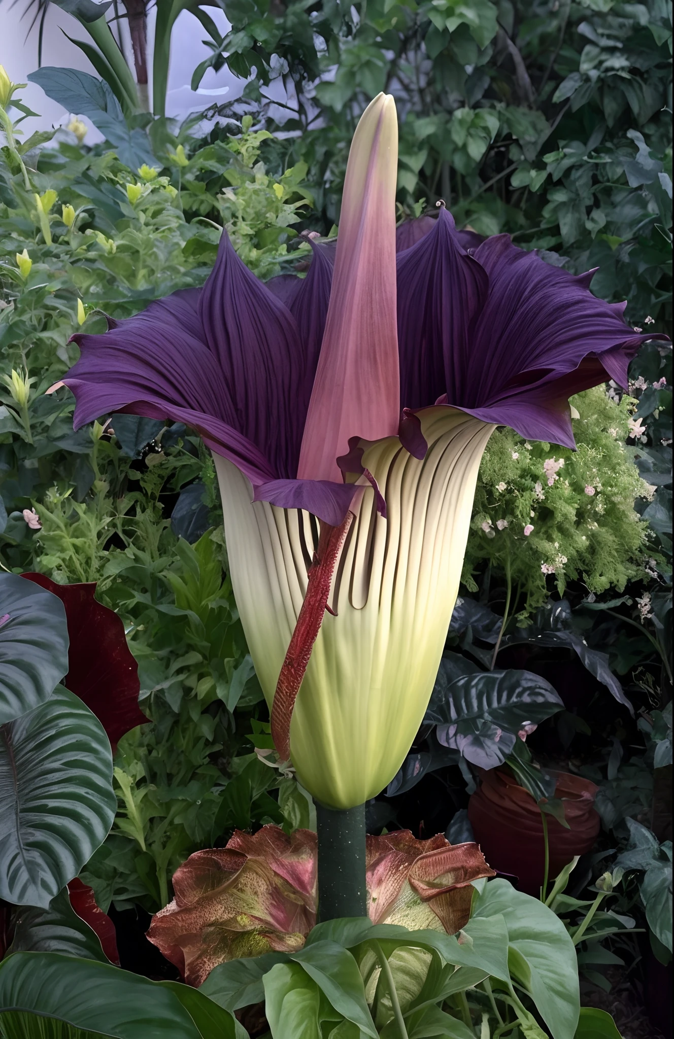 a close up of a flower in a garden with many plants, itan Arum large exotic flowers, staggering in its beauty, huge flower, huge flowers, giant flowers, huge flame fantasy plant, itan Arum flower, flowers with very long petals, beautiful large flowers, giant flower head, exotic alien flora, heavily ornamental, angel's trumpet, huge blossoms, alien flowers, vicious snapping alligator plant