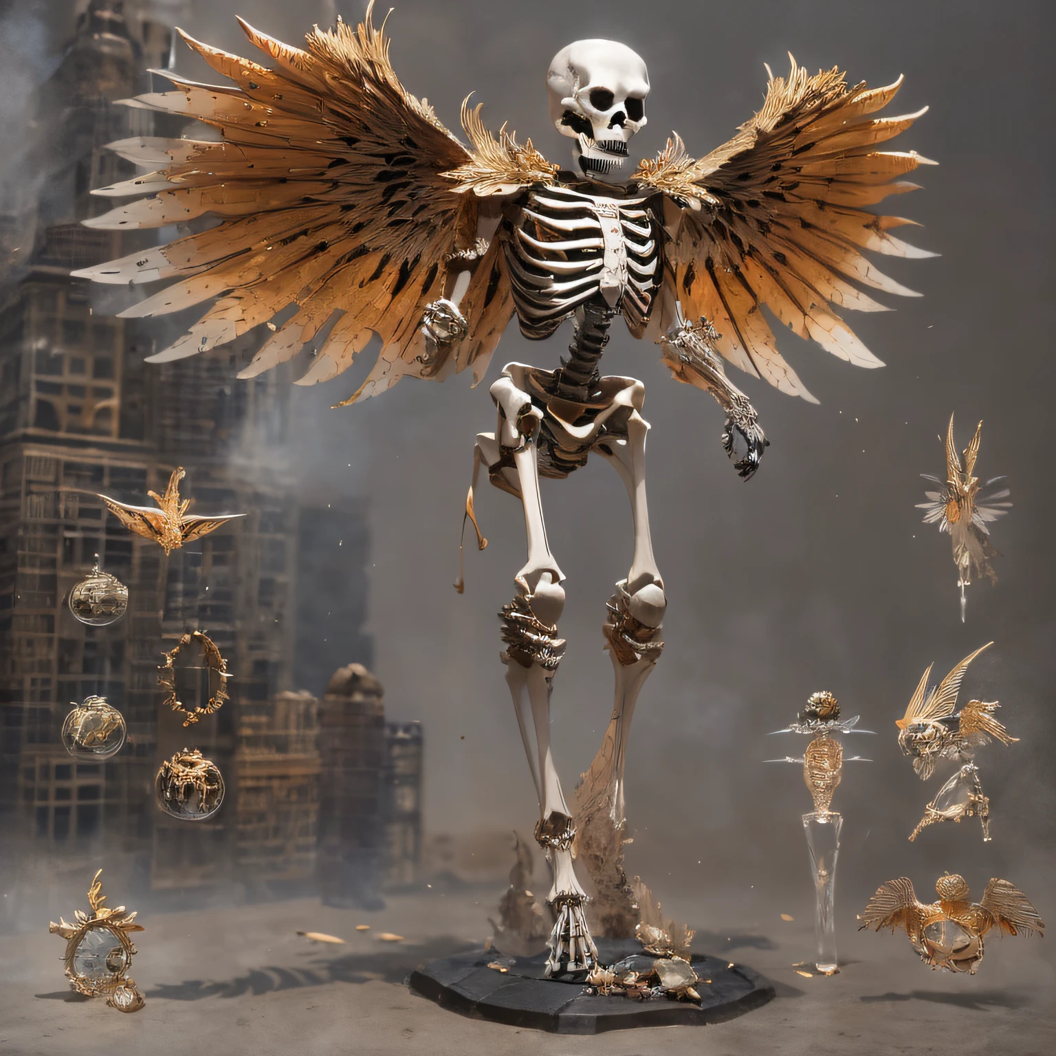 Yakes，Transparent wings，downpours，Wear thick gold-framed reflective sunglasses，32K（tmasterpiece，k hd，hyper HD，32K）Bright orange burgundy double ponytail，The Silver Skull Jewelry District in the backstreets，Indigo Skull Belly Pocket King ，Skeleton protector （The skeleton is realistic：1.4），Skull pattern robe，Silver skull flower ornaments，Petals flutter，Colored ball head，Hold your head high，Be proud，The nostrils look at people， A high resolution， the detail， RAW photogr， Sharp Re， Nikon D850 Film Stock Photo by Jefferies Lee 4 Kodak Portra 400 Camera F1.6 shots, Rich colors, ultra-realistic vivid textures, Dramatic lighting, Unreal Engine Art Station Trend, cinestir 800，Hold your head high，Be proud，The nostrils look at people，Tsundere，Petals flutter，Petals flutter，Sprinkle with gold dust，Fluttering，Impeccable，( reasonable design, Clear lines, High sharpness,Best quality, Very detailed skeleton, The skeleton of a masterpiece, offcial art, movie light effect, 4K skeleton（（（Wear thick gold-framed reflective sunglasses）））Transparent wings，（Big bone sticks）（Hold a large bone rod in your hand）（Leg bone weapons）Big bone rod，