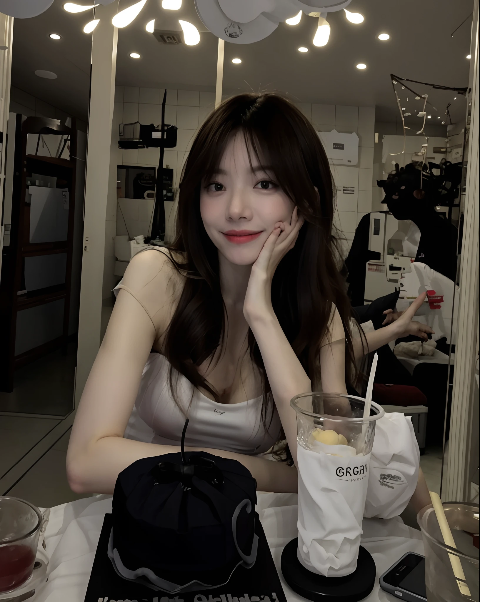 there is a woman sitting at a table with a cake and a drink, ulzzang, korean girl, 🤤 girl portrait, photo of slim girl, 19-year-old girl, a young asian woman, with long hair, a cute young woman, 18 years old, young asian girl, asian girl with long hair, gorgeous young korean woman