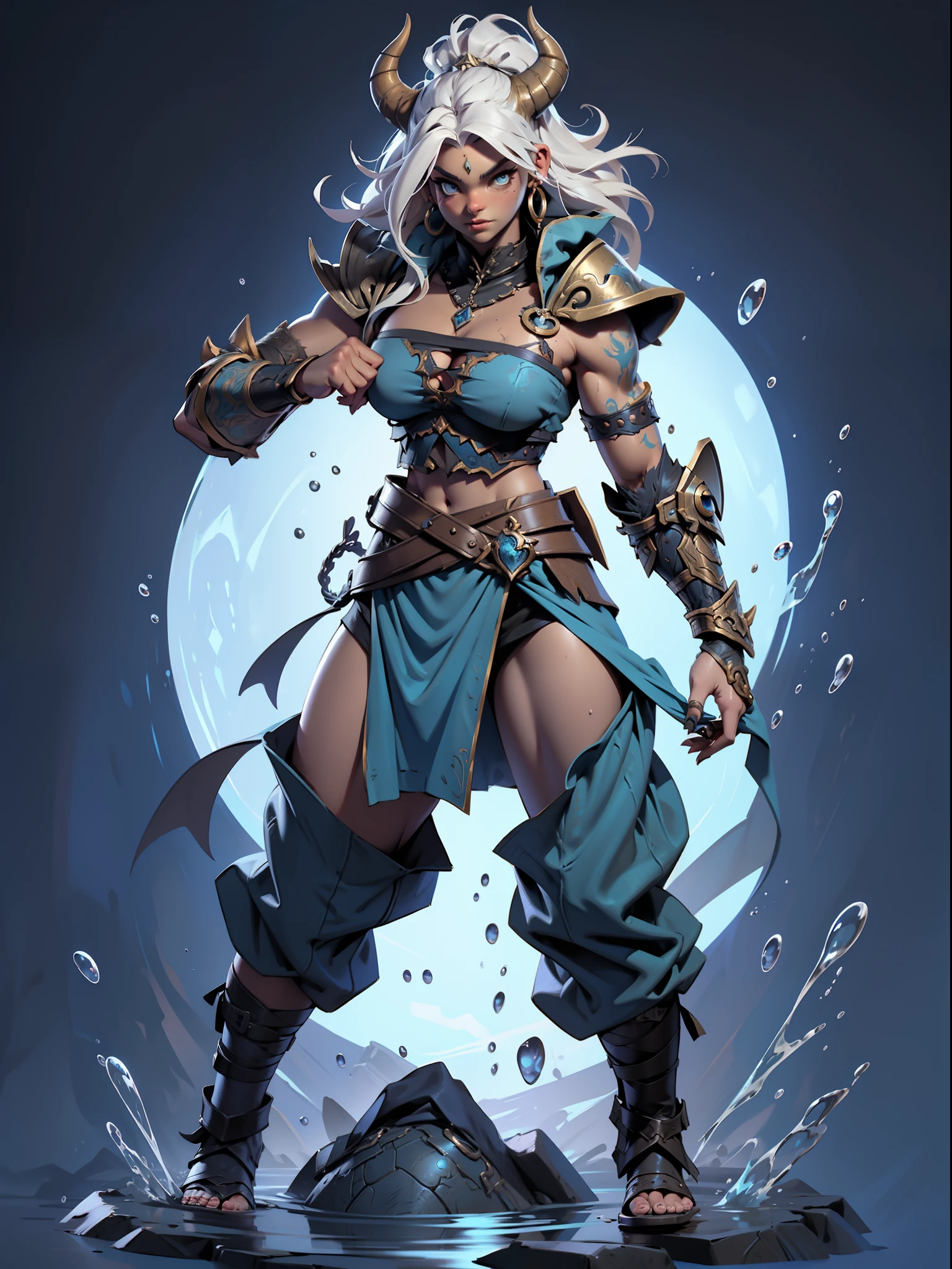 ((top-quality))、((tmasterpiece))、((Full body photo of a woman))、((very simple background))、(Game character design)、amazon warrior，Primitive barbarian tribal style，The water element blends with the clothes，((Blue cuirass bandeau))，exposed navels，Blue animal skin clothing，cloaks，Blue clothes，Blue demon monster、monster design，(Water Goddess，Marine element merger)、Cartoony、Beastman、Ivory ornaments、独奏、Fighting posture，Riot game concept art