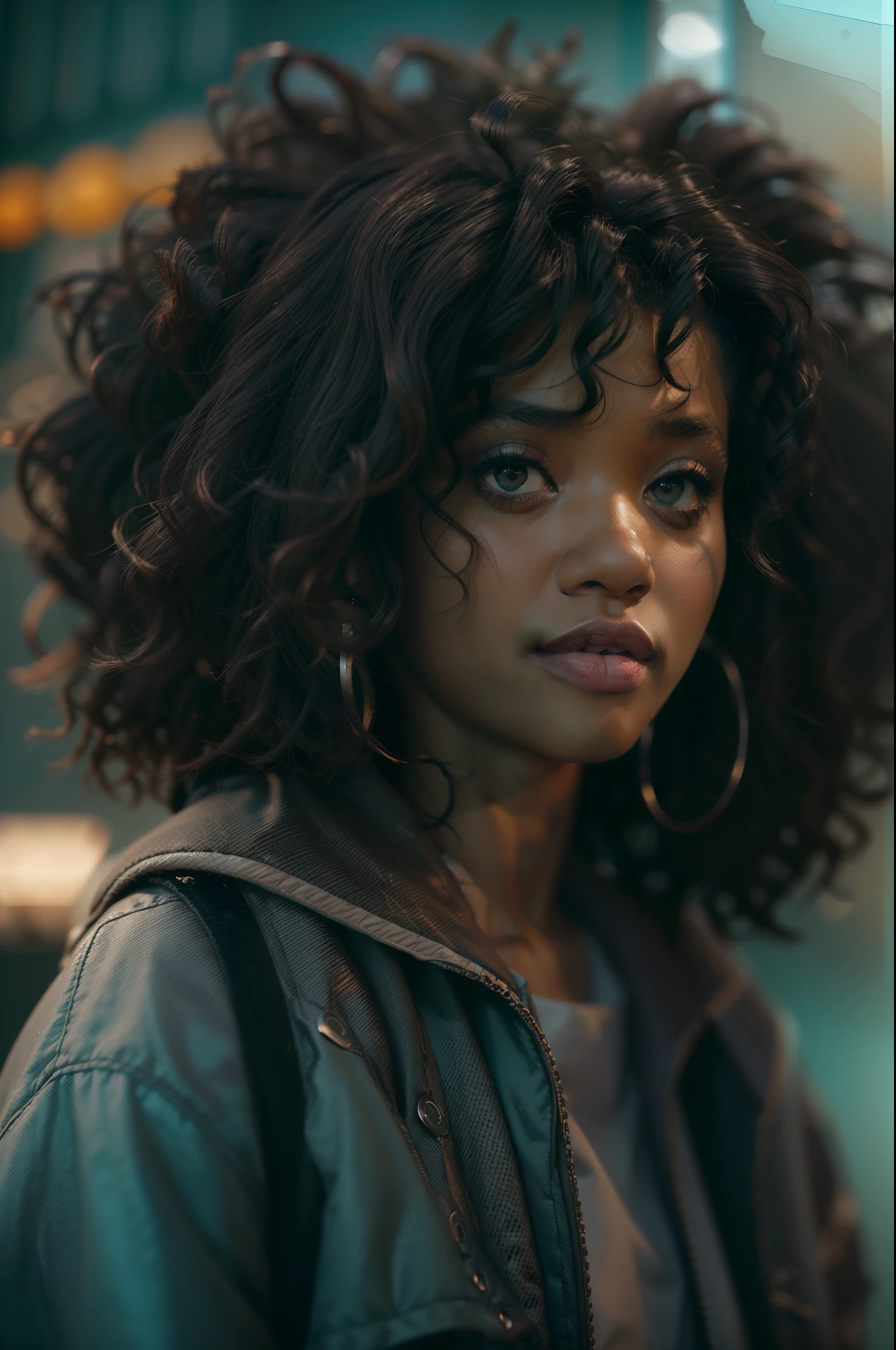 black girl, Curly hair, (hi-top fade:1.3), dark theme, soothing tones, muted colors, high contrast, (natural skin texture, hyperrealism, soft light, sharp), exposure blend, medium shot, bokeh, (hdr:1.4), high contrast, (cinematic, teal and orange:0.85), (muted colors, dim colors, soothing tones:1.3), low saturation, (hyperdetailed:1.2), (noir:0.4)