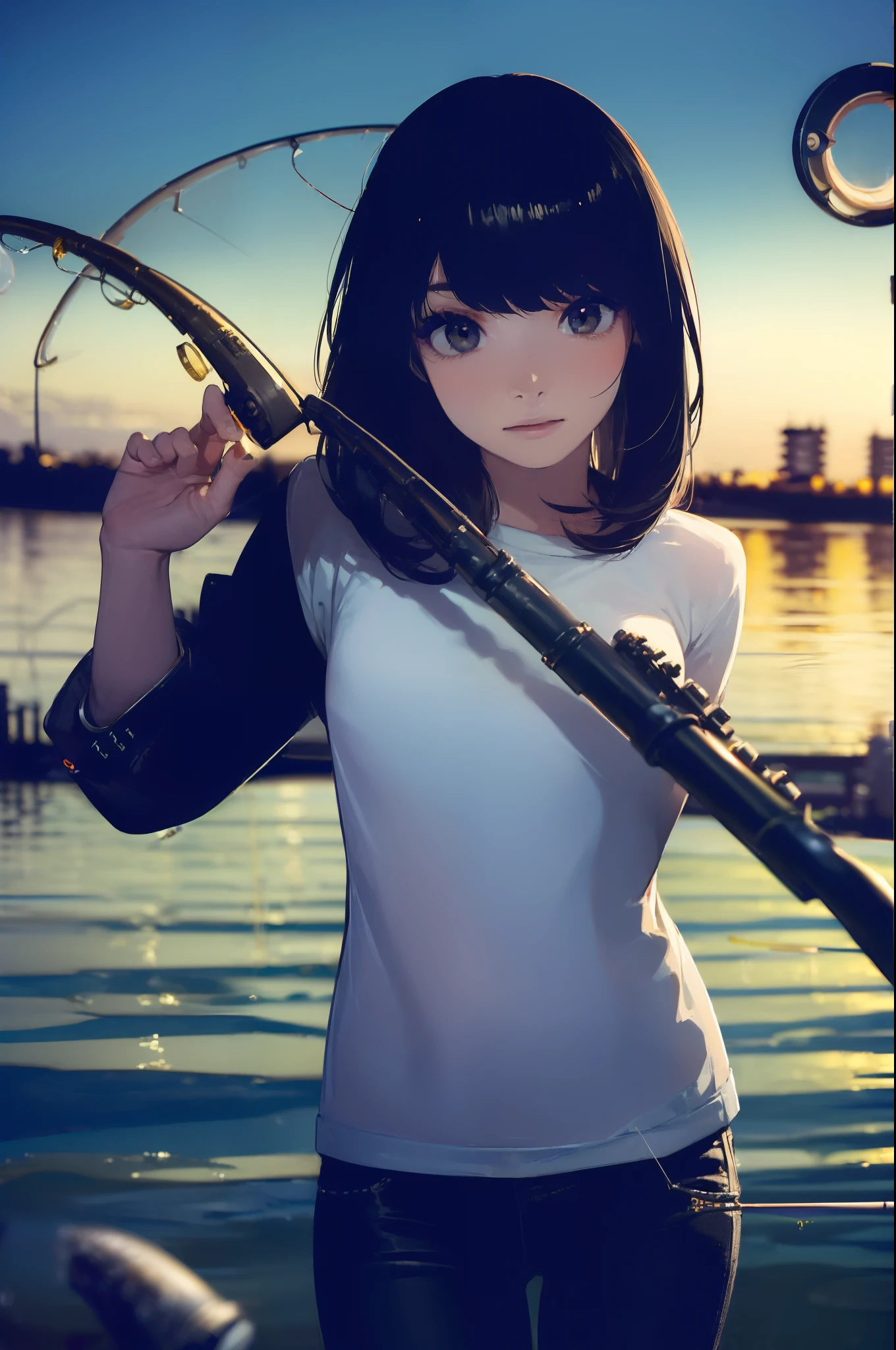 ((((having a fishing rod with a reel by the lakeside:1.5)))),((Female 28 years old)),((Best Quality:1.5)),(((Hands with the correct number and structure of fingers:1.4))),((Big fish:1.37)),hight resolution,ultra-detailliert,​masterpiece,best qualtiy,(Eight-headed body),Black hair, long eyes-lashes, Solid Circle Eyes, drop shadow, Atmospheric perspective,Super Detail, ccurate, small brest,(Black jacket and black jeans :1.1),top-quality, blurry backround, bokeh dof:1.2, (​masterpiece:1.3),  Atmospheric perspective,Super Detail,dynamic compositions,
