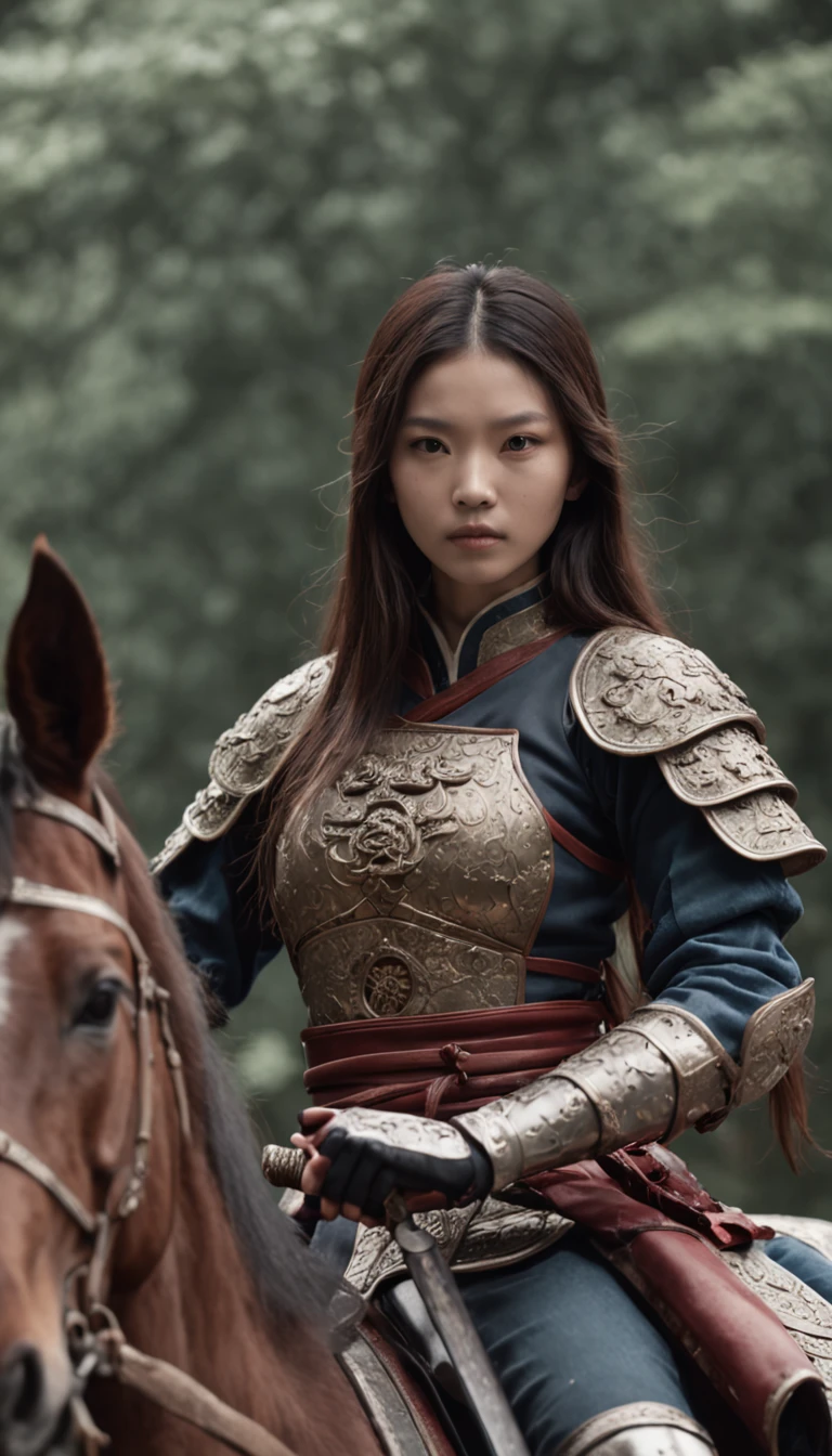 with whole body visible,Long-haired girl on horseback, Wearing armor, Holding an ancient Chinese sword, Looking at the camera, Daido Moriyama style, Cinematic lighting, amazing shot, 8K, mediating: Marie Claire by Maya Flor,