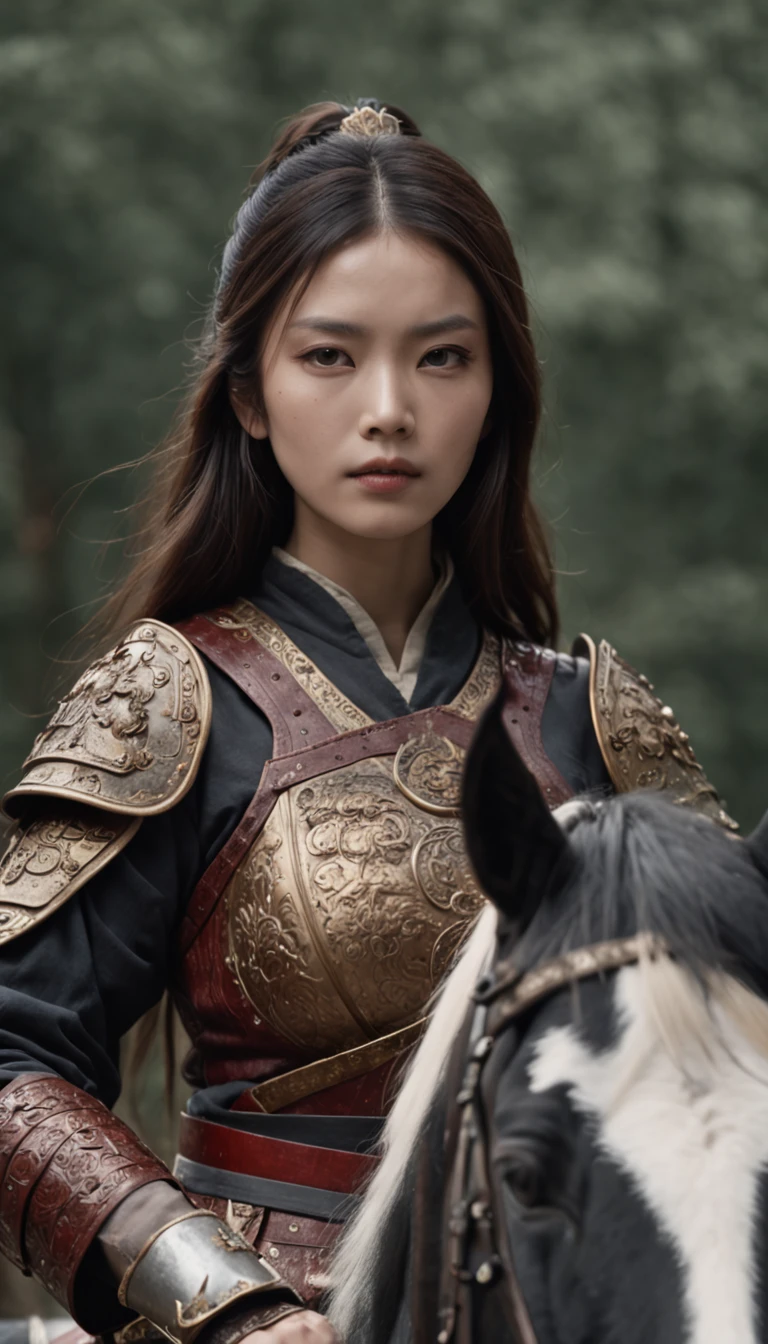 with whole body visible，Long-haired girl on horseback, Wearing armor, Holding an ancient Chinese sword, Looking at the camera, Daido Moriyama style, Cinematic lighting, amazing shot, 8K, mediating: Marie Claire by Maya Flor,
