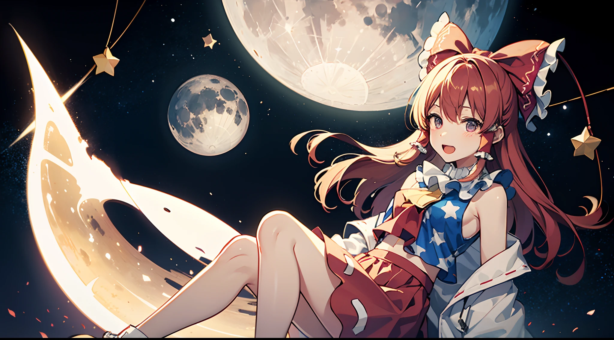 A lively, cute and pure girl wears a bow on her head,In sailor suit(Modern style) white stockings(White in red)Perfect body proportions, the moon is shy and the flowers are sitting in the sky。starrysky。galactic