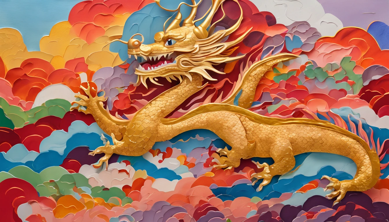 cute gold china dragon in sky, cloud, sun, wind, lunar new year, spring flower, red lantern, colorfull background, highest quality, Full HD, happy dragon, 2023, 3d, (paper art, Quilted Paper Art, Geometry), highly colorful, Anime beauty, Extremely colorful, Colorful illustrations, aquarelle((masterpiece))), illustration
