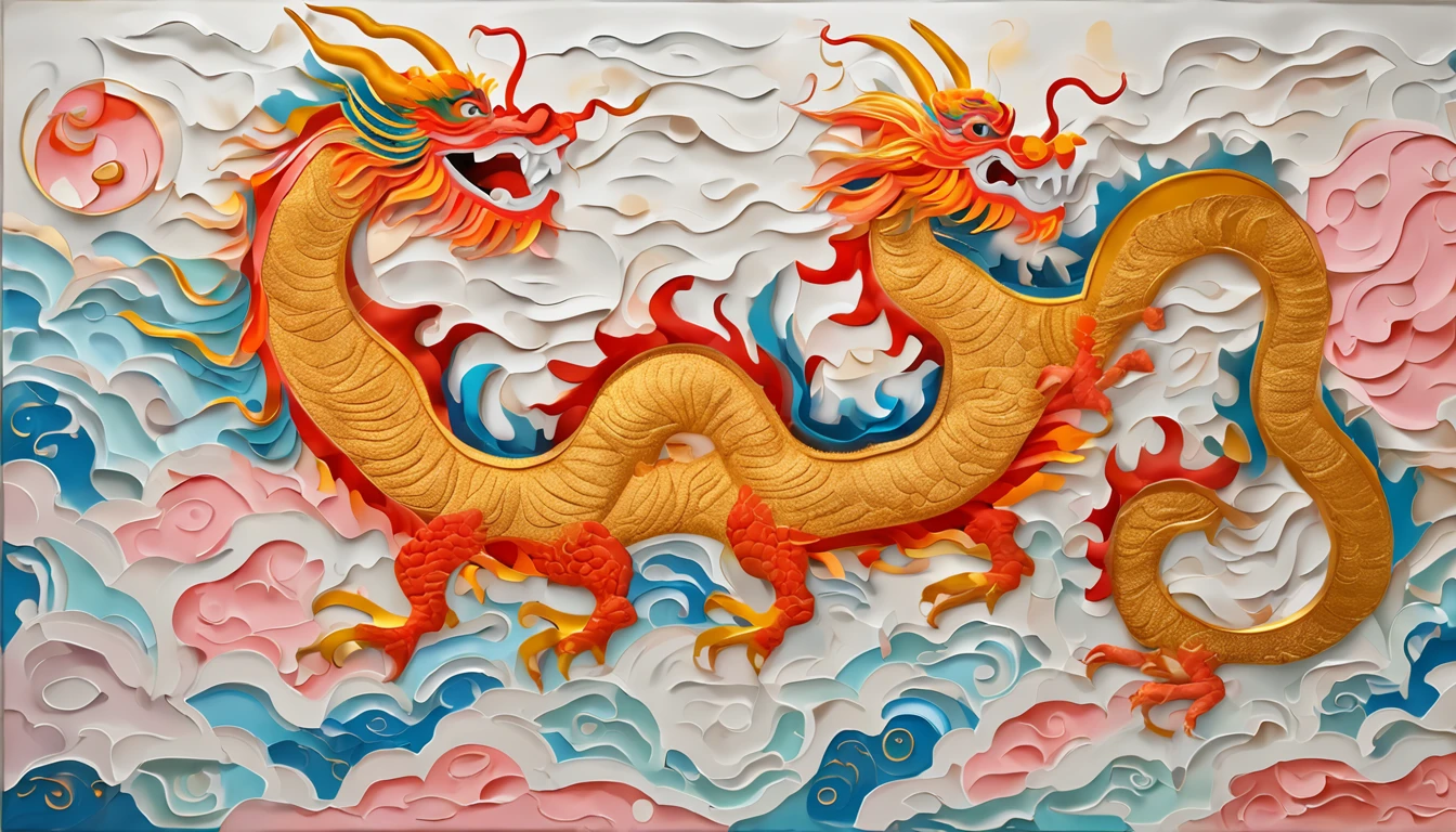 cute gold china dragon in sky, cloud, sun, wind, lunar new year, spring flower, red lantern, colorfull background, highest quality, Full HD, happy dragon, 2023, 3d, (paper art, Quilted Paper Art, Geometry), highly colorful, Anime beauty, Extremely colorful, Colorful illustrations, aquarelle((masterpiece))), illustration