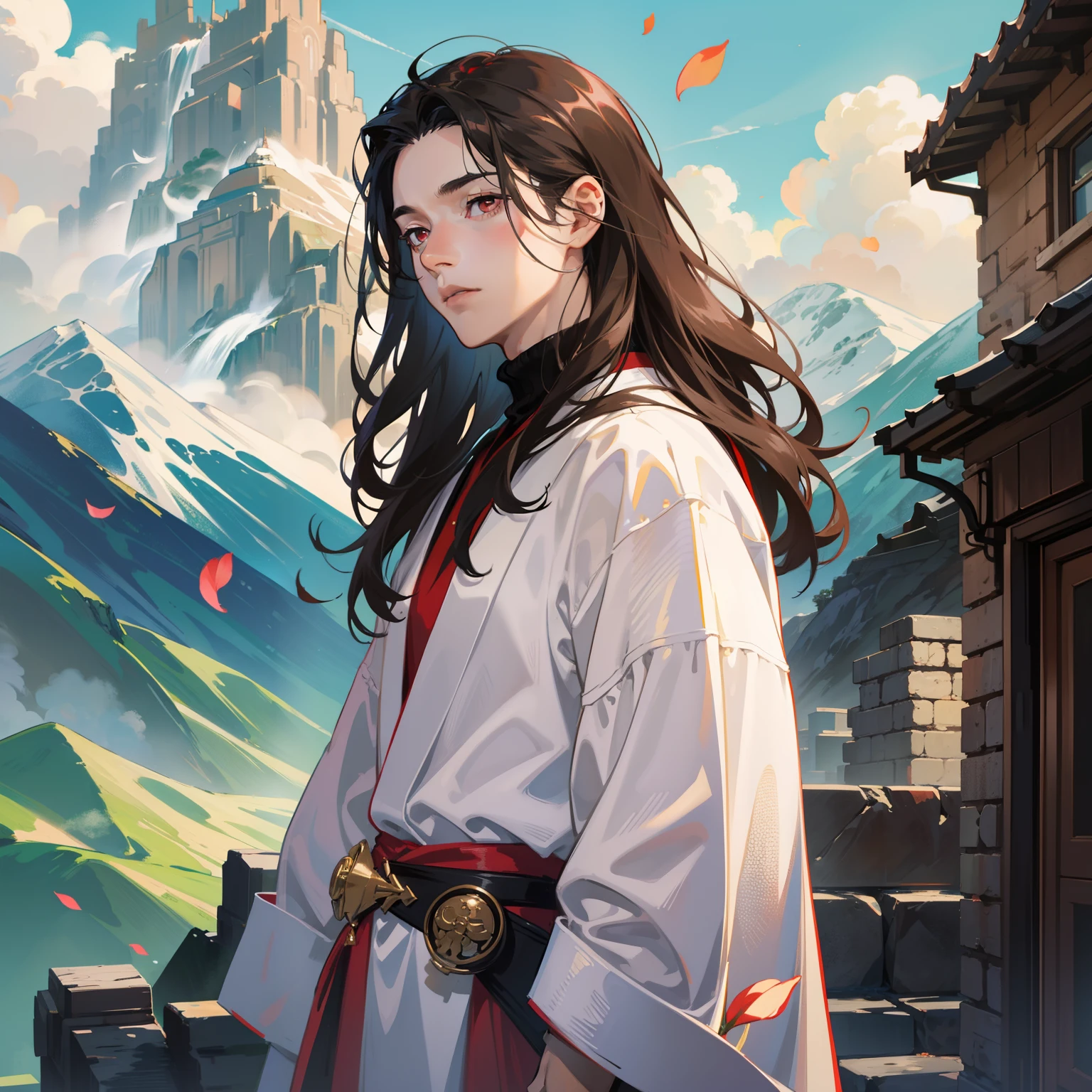 Best quality, masterpiece, potrait, avatar, half-body, 1 man, tall muscular male, man focus, man only, long wavy black hair, red eyes, turtle-neck with white robe, 3/4 side, bright eyes, brilliant scene, sky, looking down, looking at the viewers, city and mountainous background, flying petals, male face, look far away, backyard