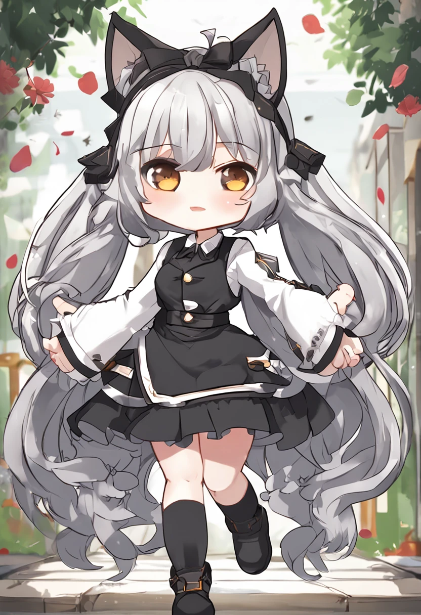 A cartoon cat girl with bow and dress, Cute!! tchibi!!! cat woman, cute anime catgirl, anime catgirl, anime chibi, Chibi anime girl, anime moe art style, small curvaceous loli, nyaruko-san, fat chibi grey cat, Chibi Art, chibi anime, Holo is a wolf girl, chibi girl, Kantai collection style black clothes silver white hair cute small wings headdress