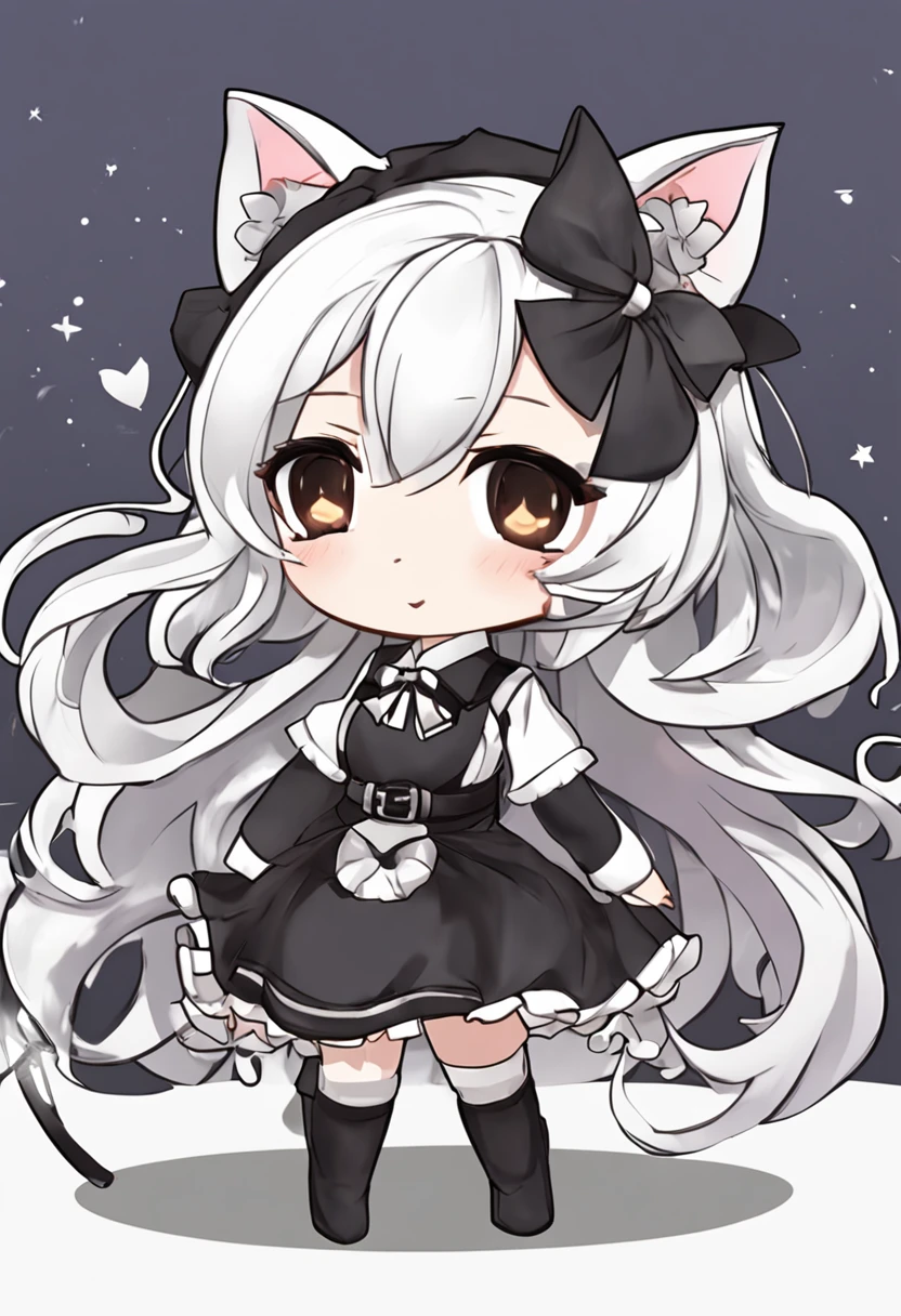A cartoon cat girl with bow and dress, Cute!! tchibi!!! cat woman, cute anime catgirl, anime catgirl, anime chibi, Chibi anime girl, anime moe art style, small curvaceous , nyaruko-san, fat chibi grey cat, Chibi Art, chibi anime, Holo is a wolf girl, chibi girl, Kantai collection style black clothes silver white hair cute small wings headdress
