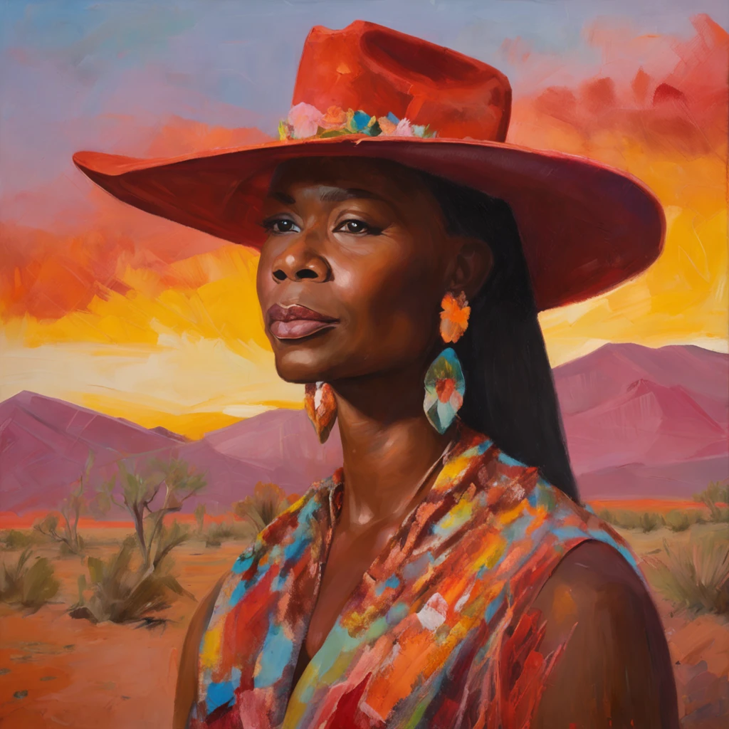 HD, (Best Detail) (Best Quality), Meticulous Facial Features, R3DD34D Style, Digital Painting, Cowboy Hat, (Bright Brown Poncho: 1.3), In the Desert, (Red Sky: 1.3), There is a Woman with a Flower Crown on Her Head,