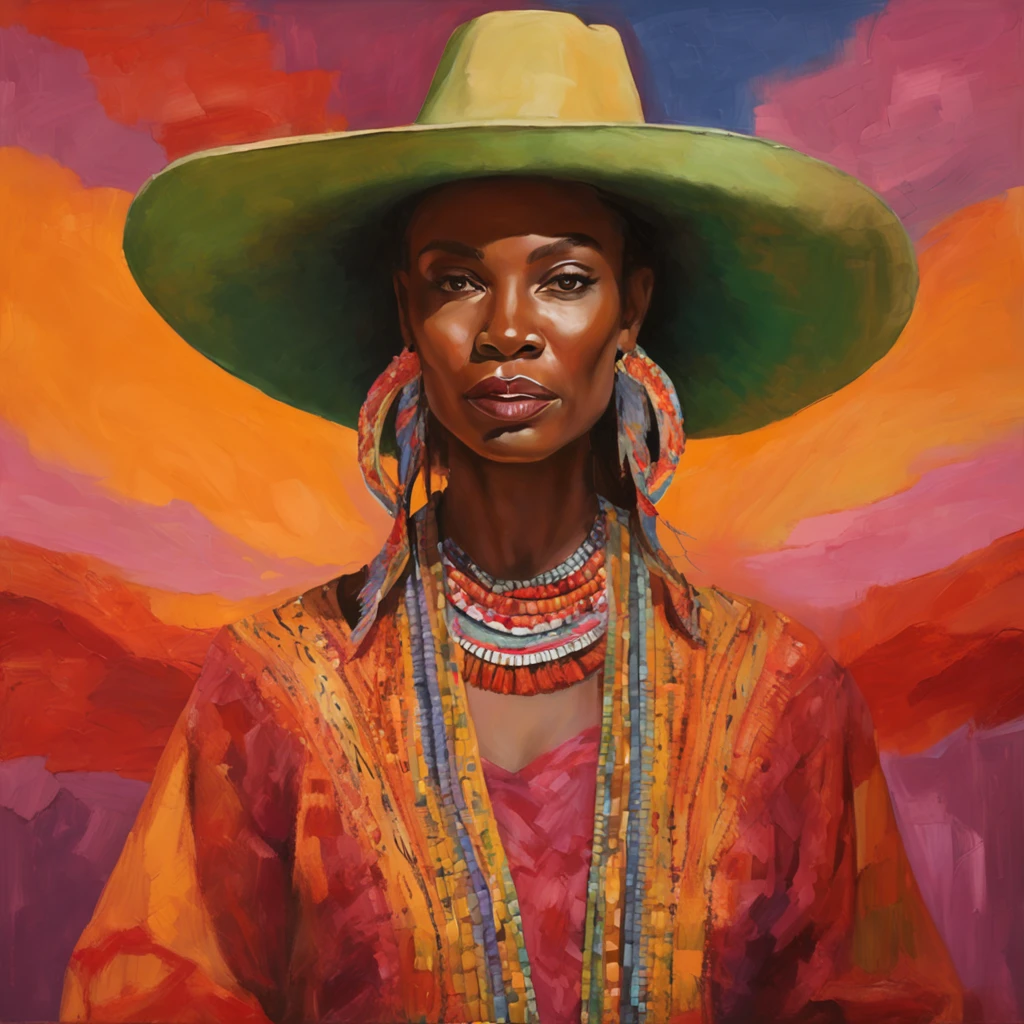 HD, (Best Detail) (Best Quality), Meticulous Facial Features, R3DD34D Style, Digital Painting, Cowboy Hat, (Bright Brown Poncho: 1.3), In the Desert, (Red Sky: 1.3), There is a Woman with a Flower Crown on Her Head,