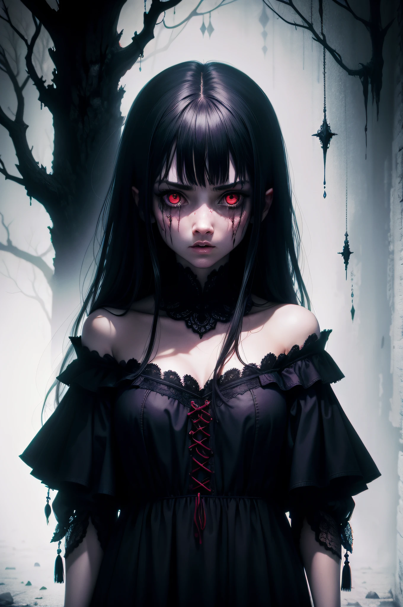 a creepy detailed little bogieman girl, long sharp teeth, dark shadowy eyes, sinister smile, dark mysterious background, dark eerie atmosphere, dramatic chiaroscuro lighting, dark fantasy, gothic, horror, (best quality,4k,8k,highres,masterpiece:1.2),ultra-detailed,(realistic,photorealistic,photo-realistic:1.37)