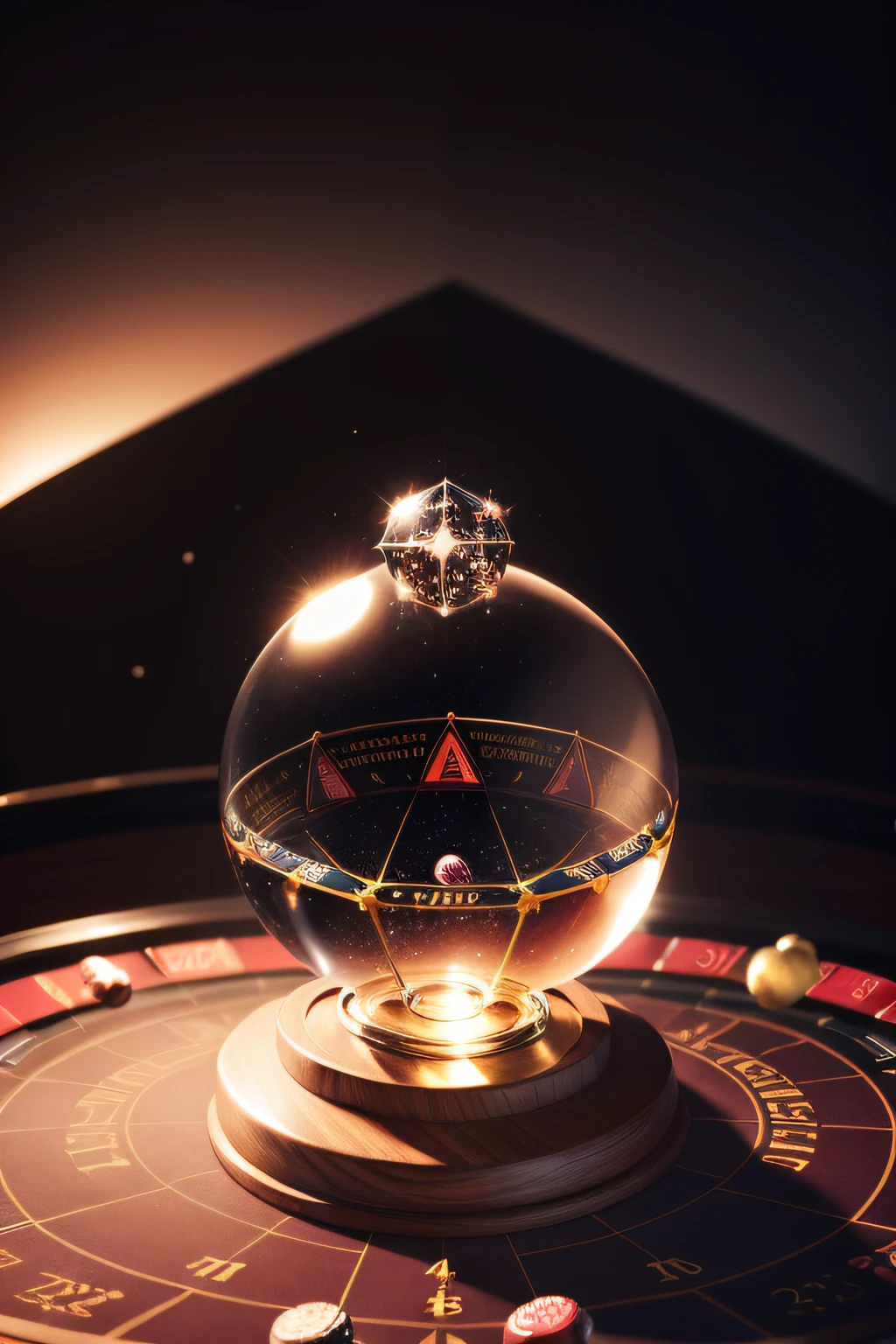 The crystal ball is in the center of a roulette of a constellation,The base of the crystal ball is a triangular metal bracket