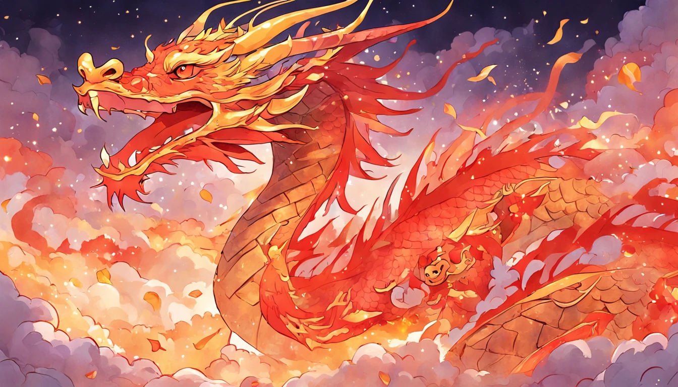 cute gold china dragon in sky, cloud, sun, wind, lunar new year, spring flower, red lantern, colorfull background, highest quality, Full HD, happy dragon, 2023, 3d, (paper art, Quilted Paper Art, Geometry), highly colorful, Anime beauty, Extremely colorful, Colorful illustrations, aquarelle((masterpiece))), illustration