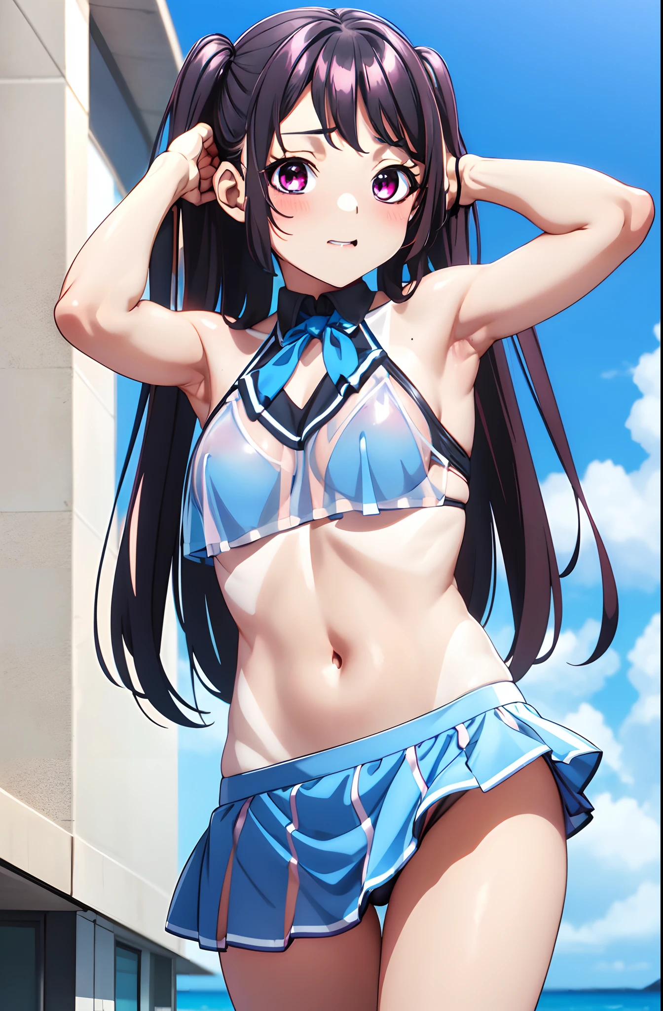 KaoriHojo, big chest, short height, girl, big breast, ((bare shoulder)), ((presenting armpit)), (see-through), cleavage, naughty face, ((bikini tanlines)), arm up, loli, swimsuit, twin tail, small armpits, school uniform