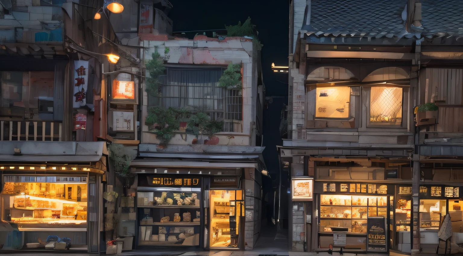 Bread block walking street back street，deep in the night，International city，Bread block stone floor，beachside，Silver Fire Bonsai Cyberpunk，hyper HD，disuse，run-down，