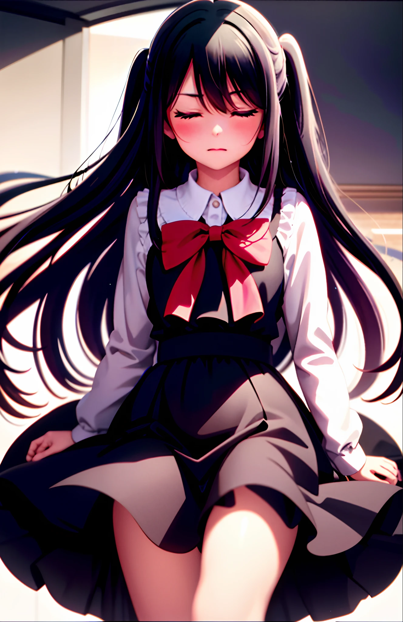 masterpiece, best quality,bp-homura, 1girl, long hair, solo, akemi homura, pantyhose, black hair, ribbon, closed eyes, hair ribbon, magical girl,(kbxll:0.6)