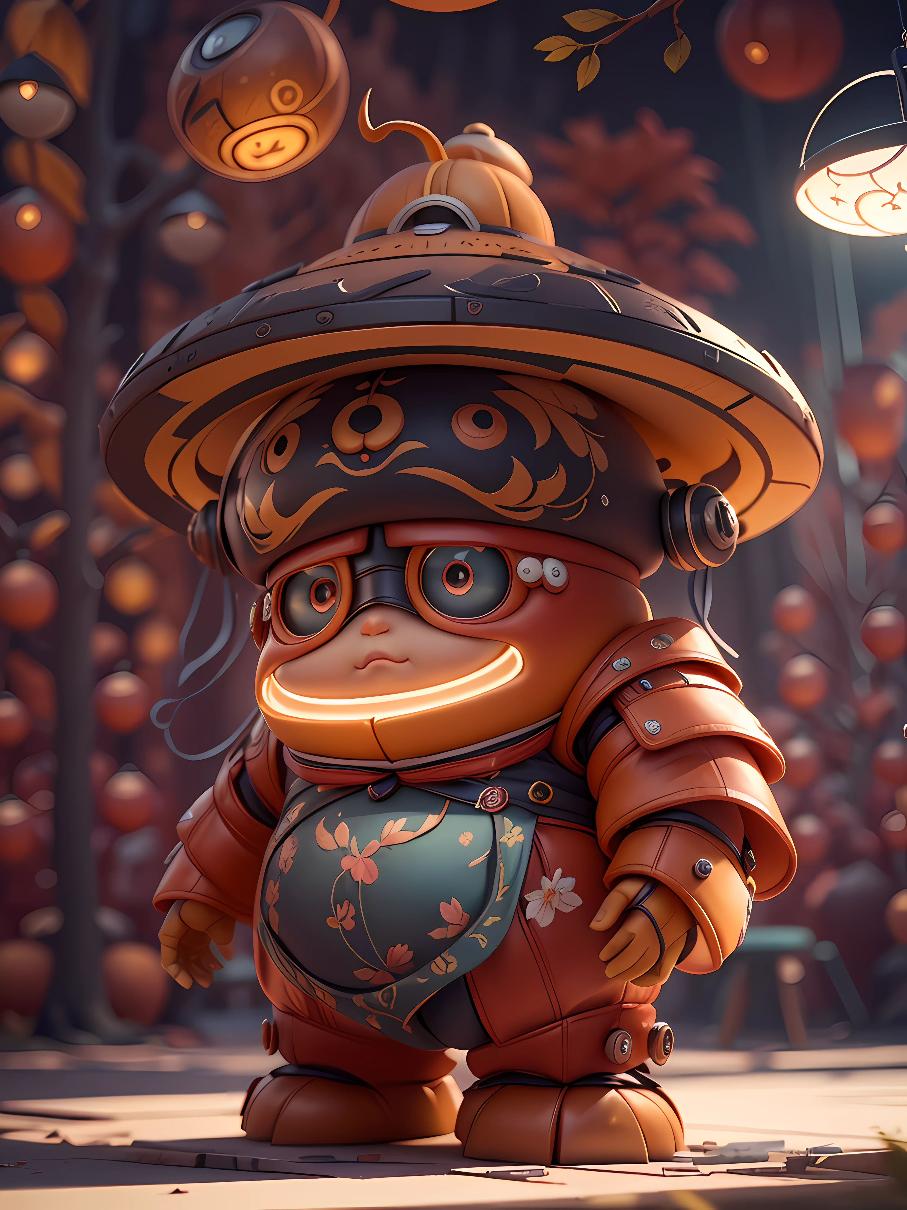 (Blind box toy type:1.3),((Full body shot))(humanization) , (1 cute red fat robot)((((solo))) fedora hat head, neck bow tie, right hand holding mid-autumn lantern, metal armor, twinkling lights, Mid-Autumn festival Festive background, Red style (base circle)(Global illumination, ray tracing, hdr, unreal rendering, fusion design) logic, detail) High, fat, Masterpiece, Best quality, Ultra HD, Cinematic light)