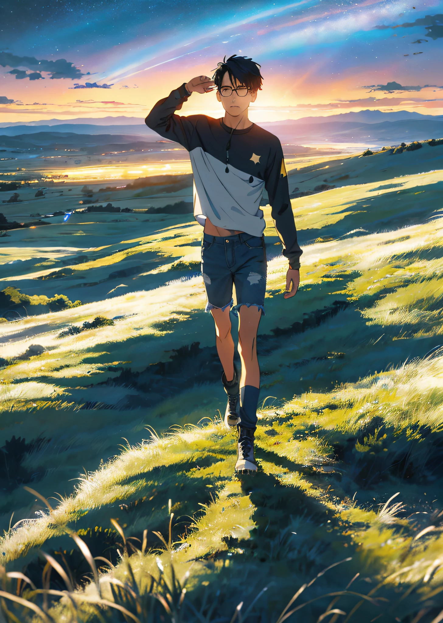 The vast starry sky, the beautiful skyline, the vast grasslands, the extremely tense and dramatic pictures, the moving visual effects, the high-hanging Polaris, and the colorful natural light. A long-sleeved top, denim shorts, and a man with glasses, amed chahin, alex yanes.