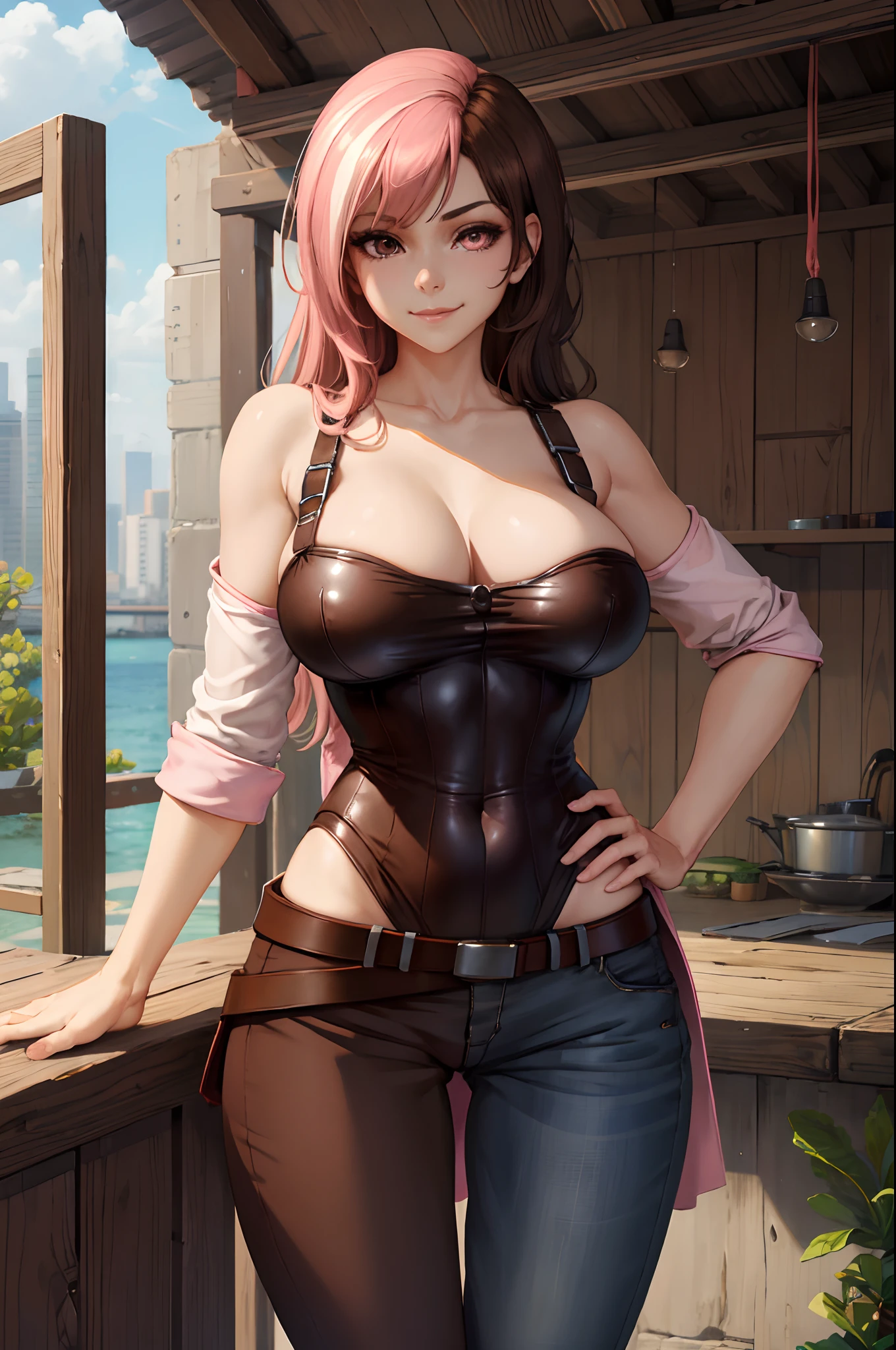 (Masterpiece, Best Quality:1.2), Cowboy shot, 独奏, 1girl, Neapolitan, Smile, closed mouth, looking a viewer, Hand on hip, Heterochromia, Brown eyes, pink eyes, Huge-breasts, leotard, pants, wide thighs, belt